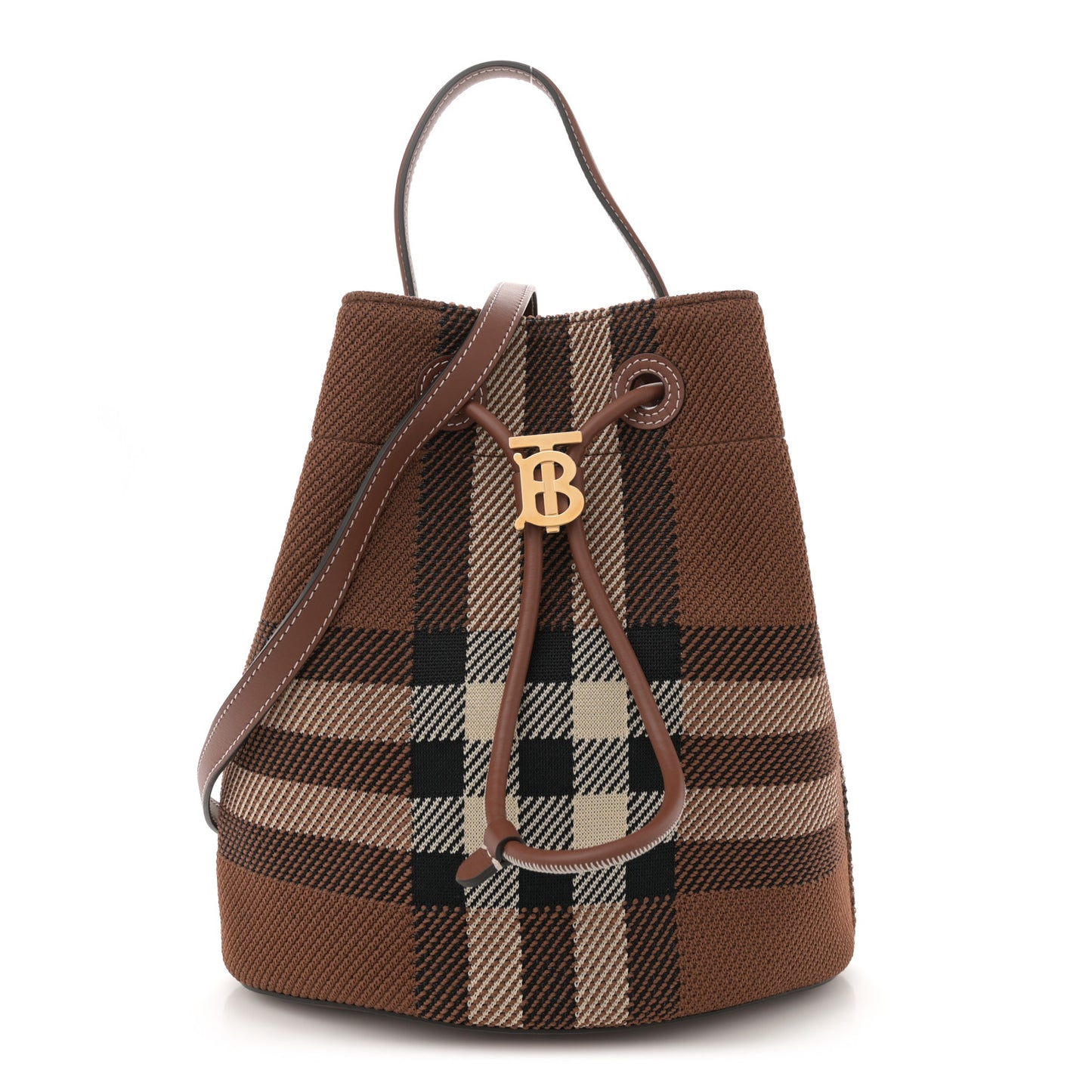 Knitted Check Calfskin TB Small Drawstring Bucket Bag Dark Birch Brown