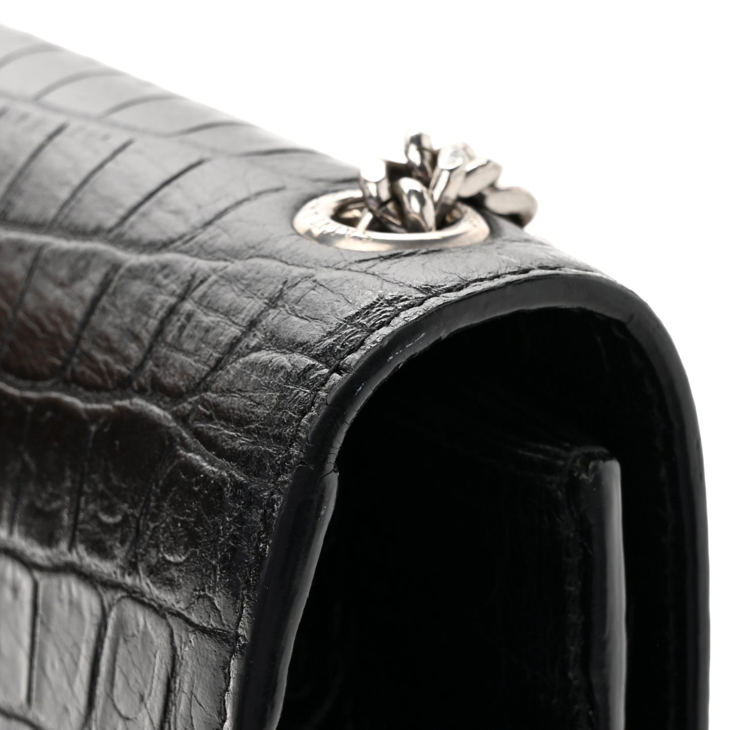 Calfskin Crocodile Embossed Medium Classic Monogram Kate Tassel Satchel Black