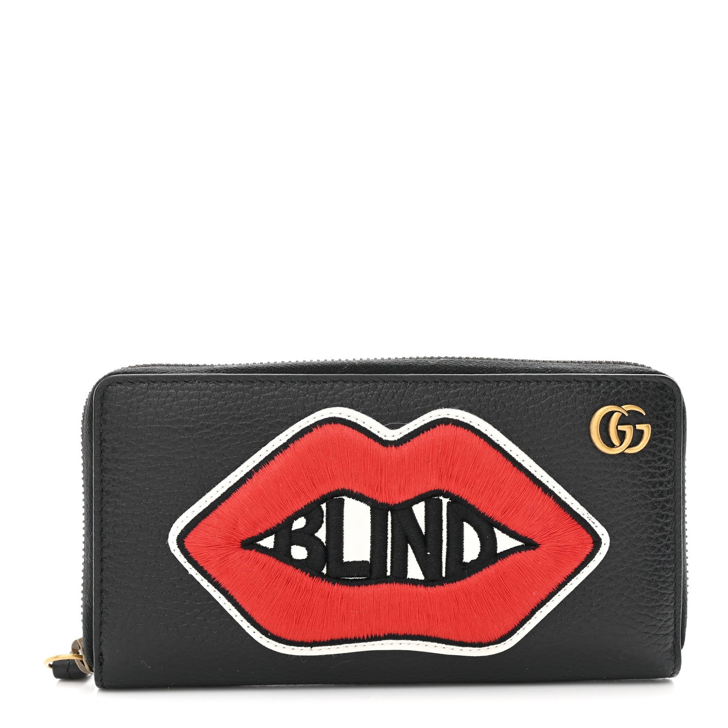 Gucci Pebbled Calfskin Blind For Love Zip Around Wallet Black