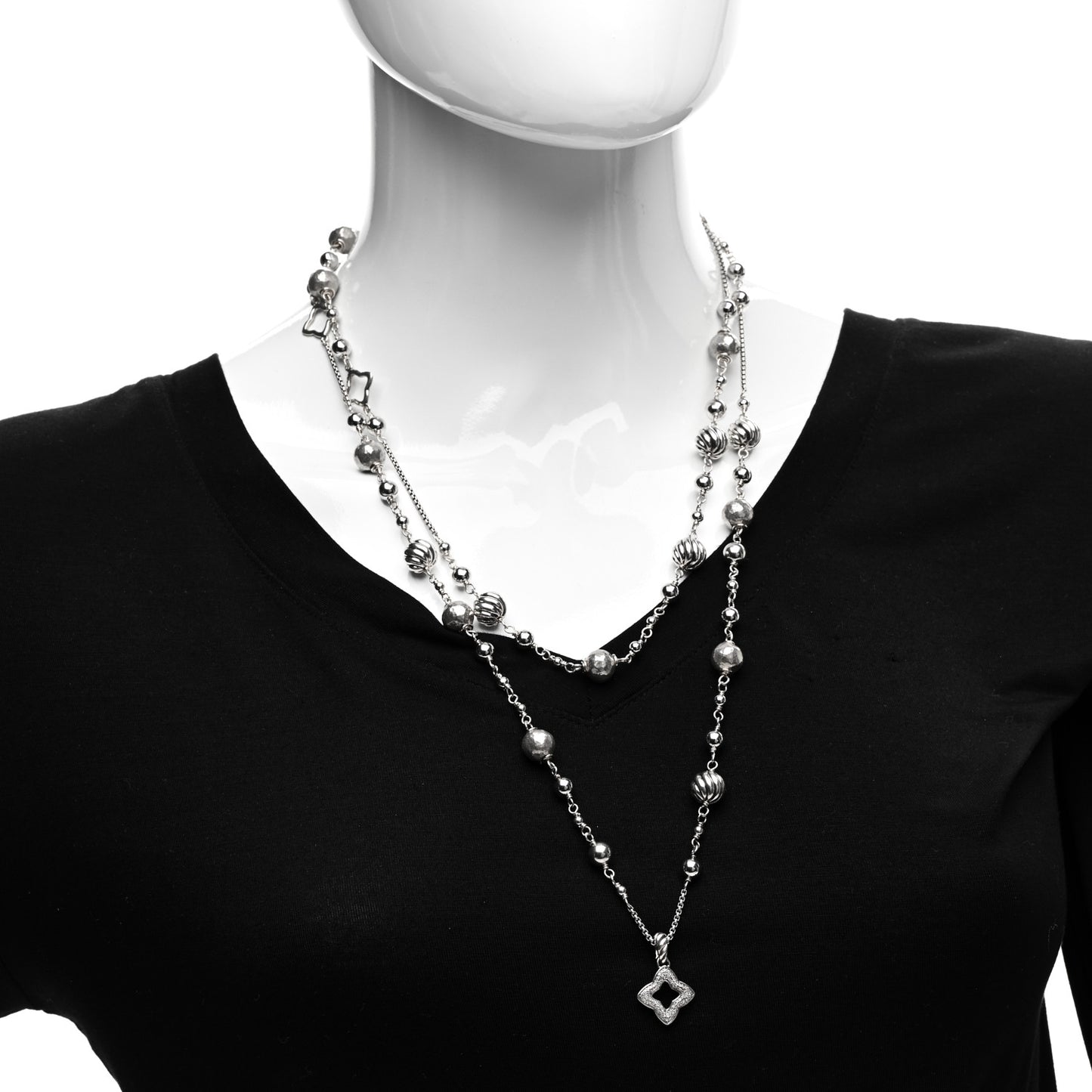Sterling Silver Diamond Hammered Quatrefoil Long Necklace