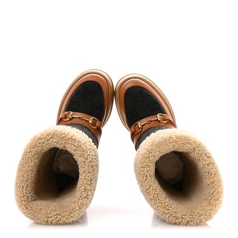 Covered Wool Monogram Textured Dollar Calfskin Shearling Horsebit Snow Boots 37 Underwood Blue Hazel Brown