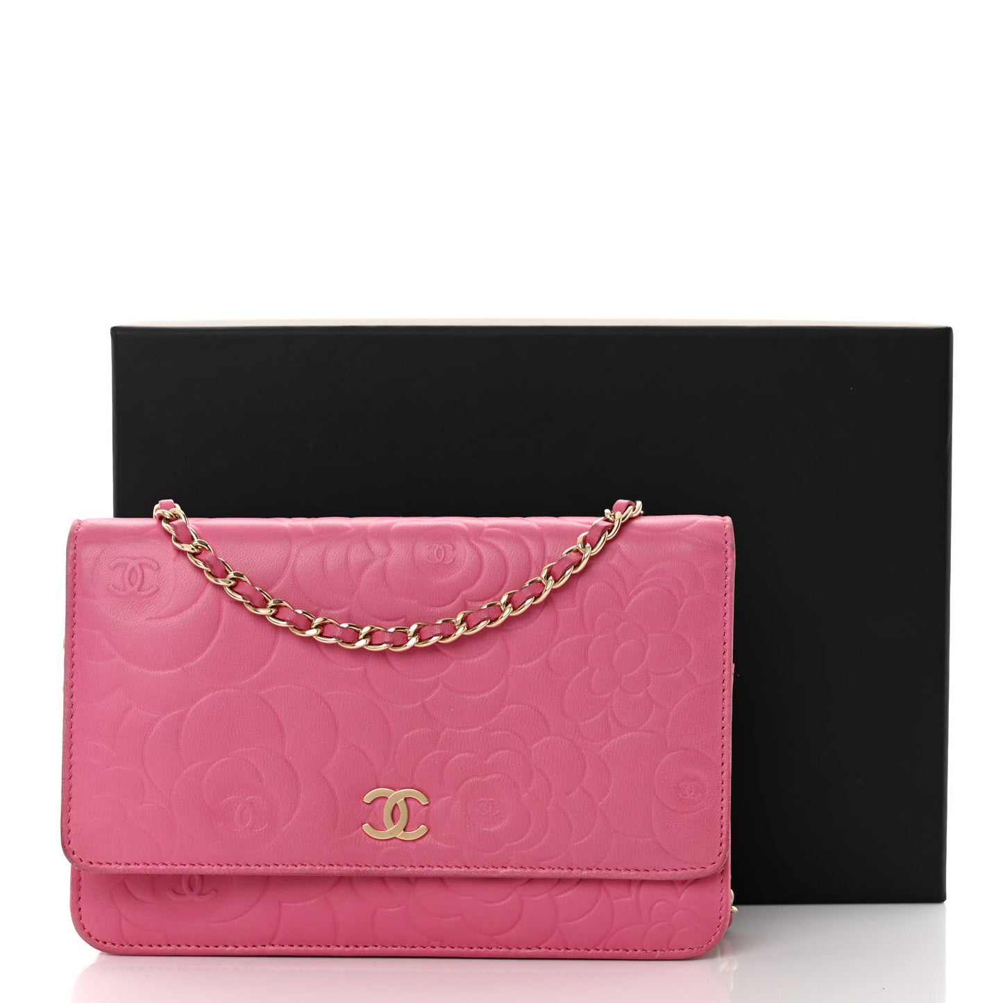 Lambskin Camellia Embossed Wallet on Chain WOC Pink
