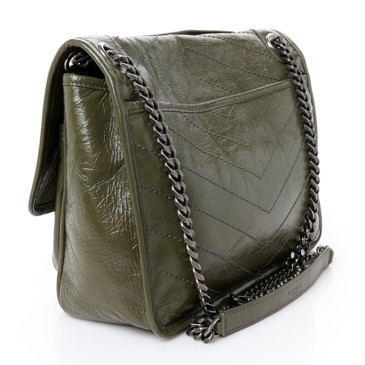 Crinkled Lambskin Matelasse Monogram Medium Niki Chain Satchel Military Olive