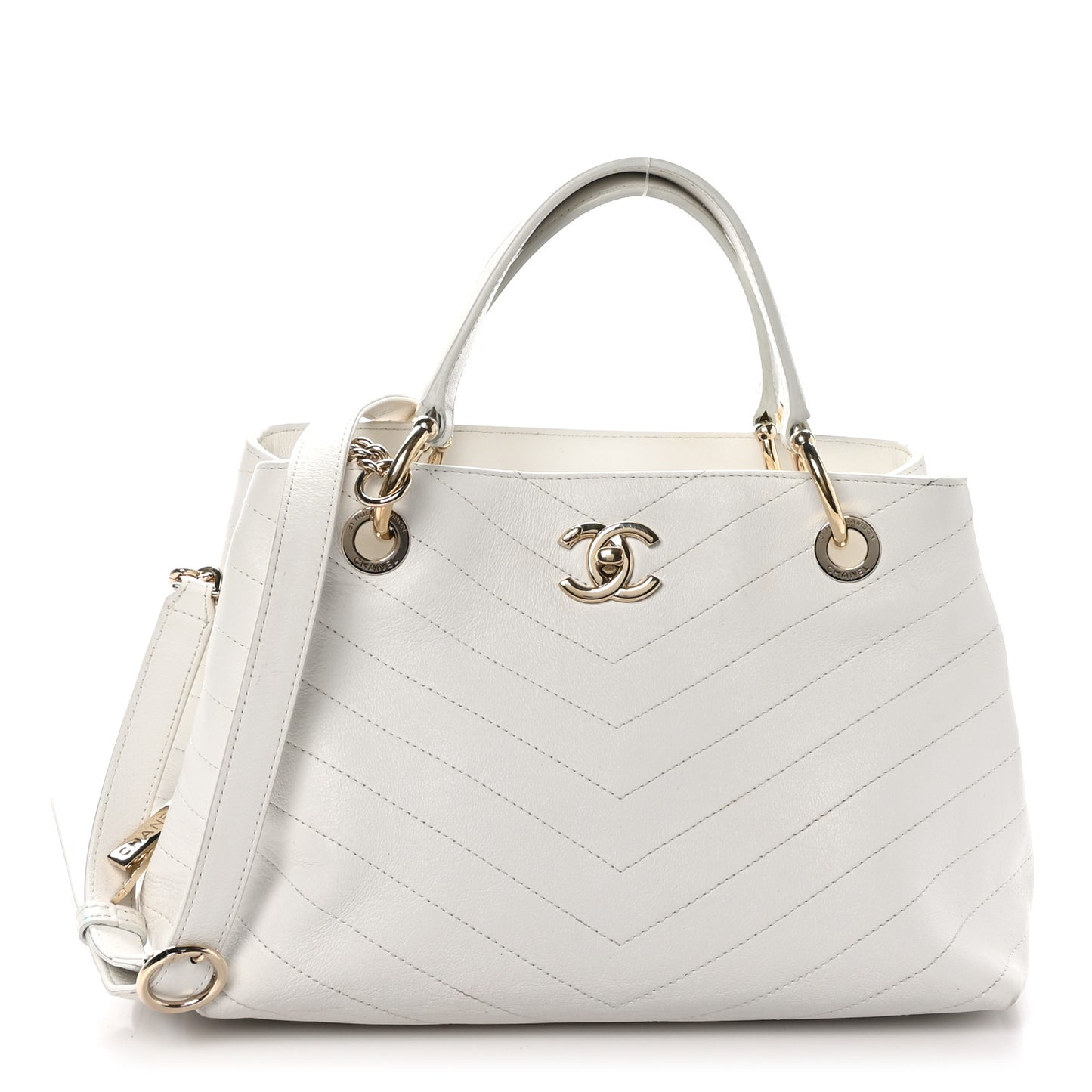Calfskin Stitched Large Chevron Chic Shopping Bag White