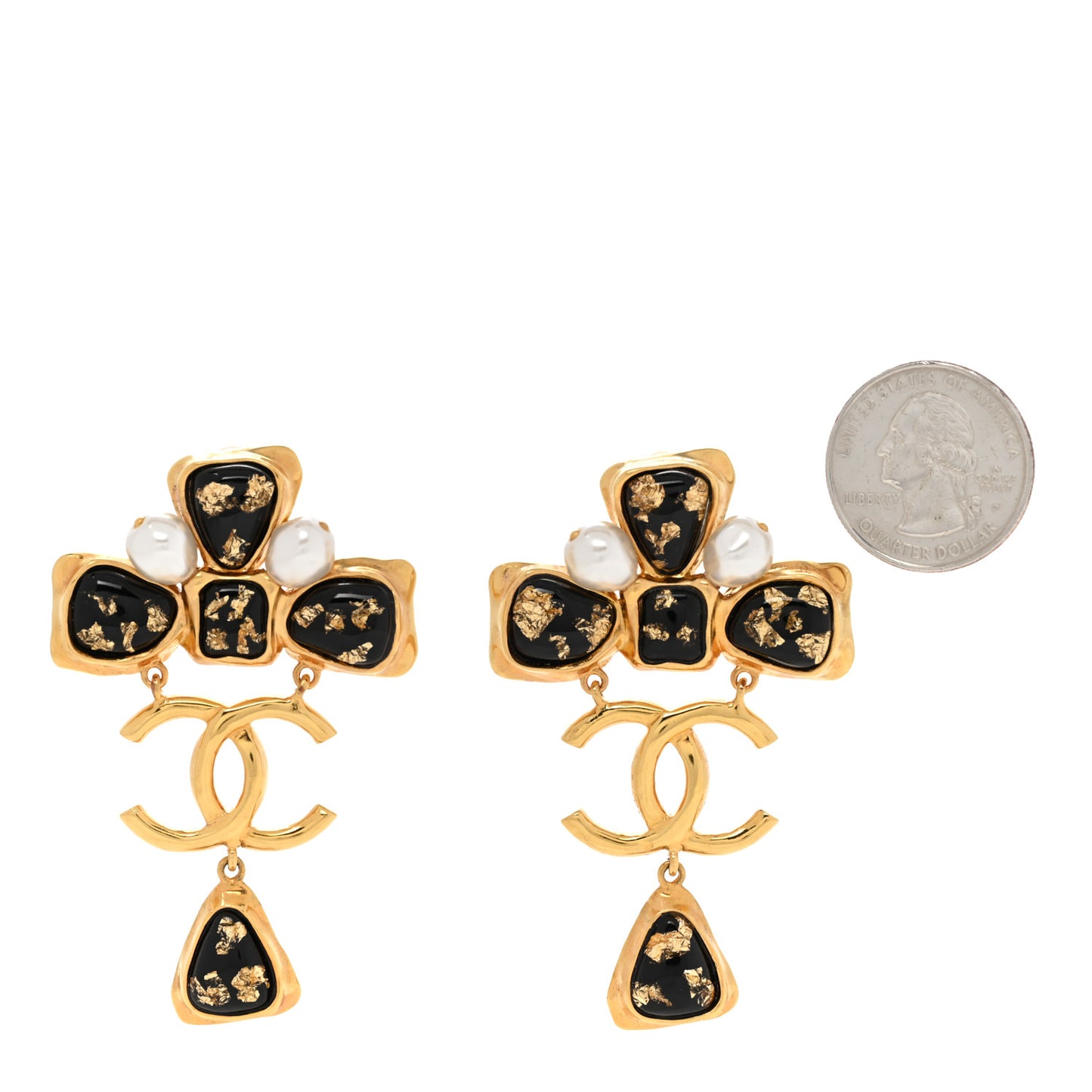 Resin Pearl Gripoix CC Drop Earrings Gold Black Pearly White
