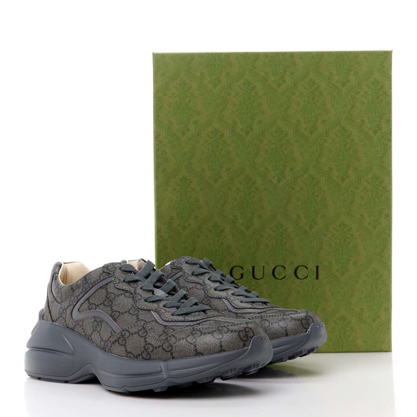 GG Supreme Monogram Apollo Calfskin Mens Rhyton Sneakers 6.5 Grey Black Graphite Grey