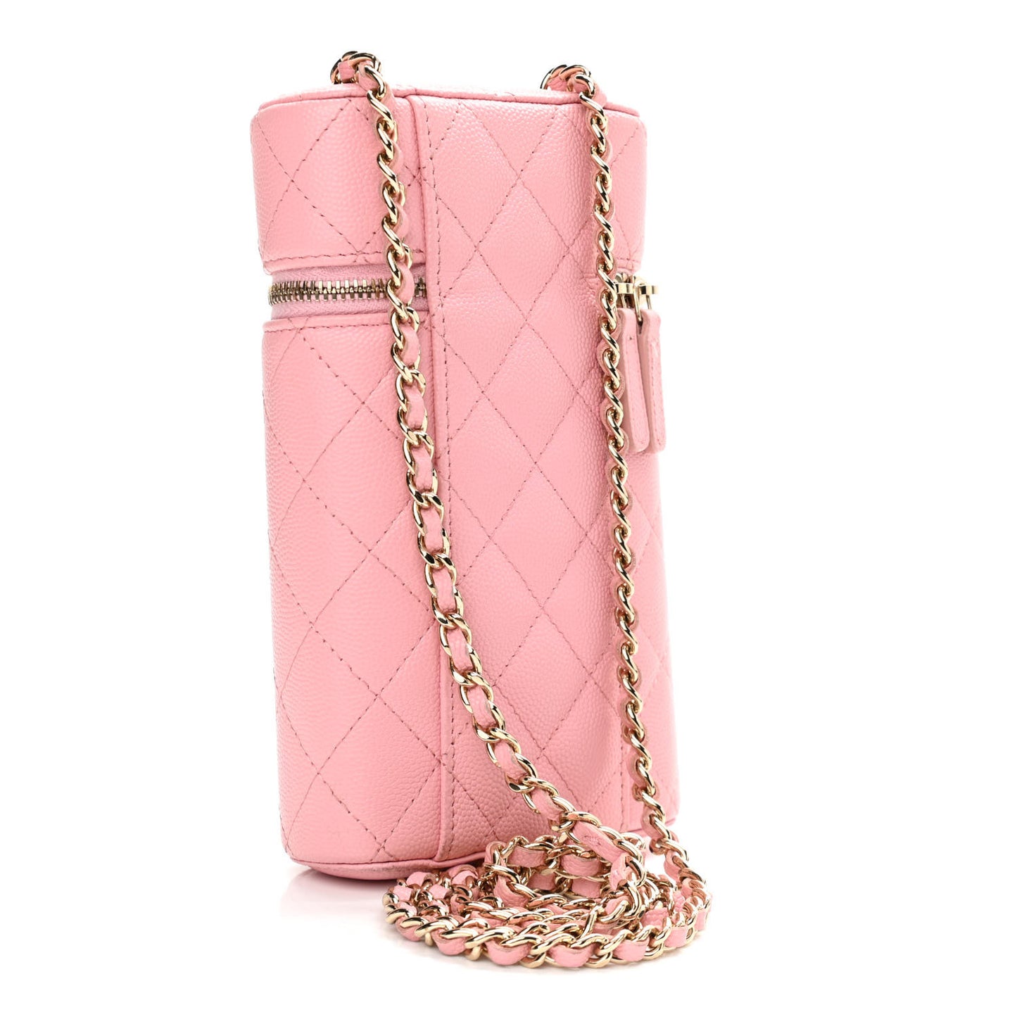 Caviar Quilted Phone Holder With Chain Pink