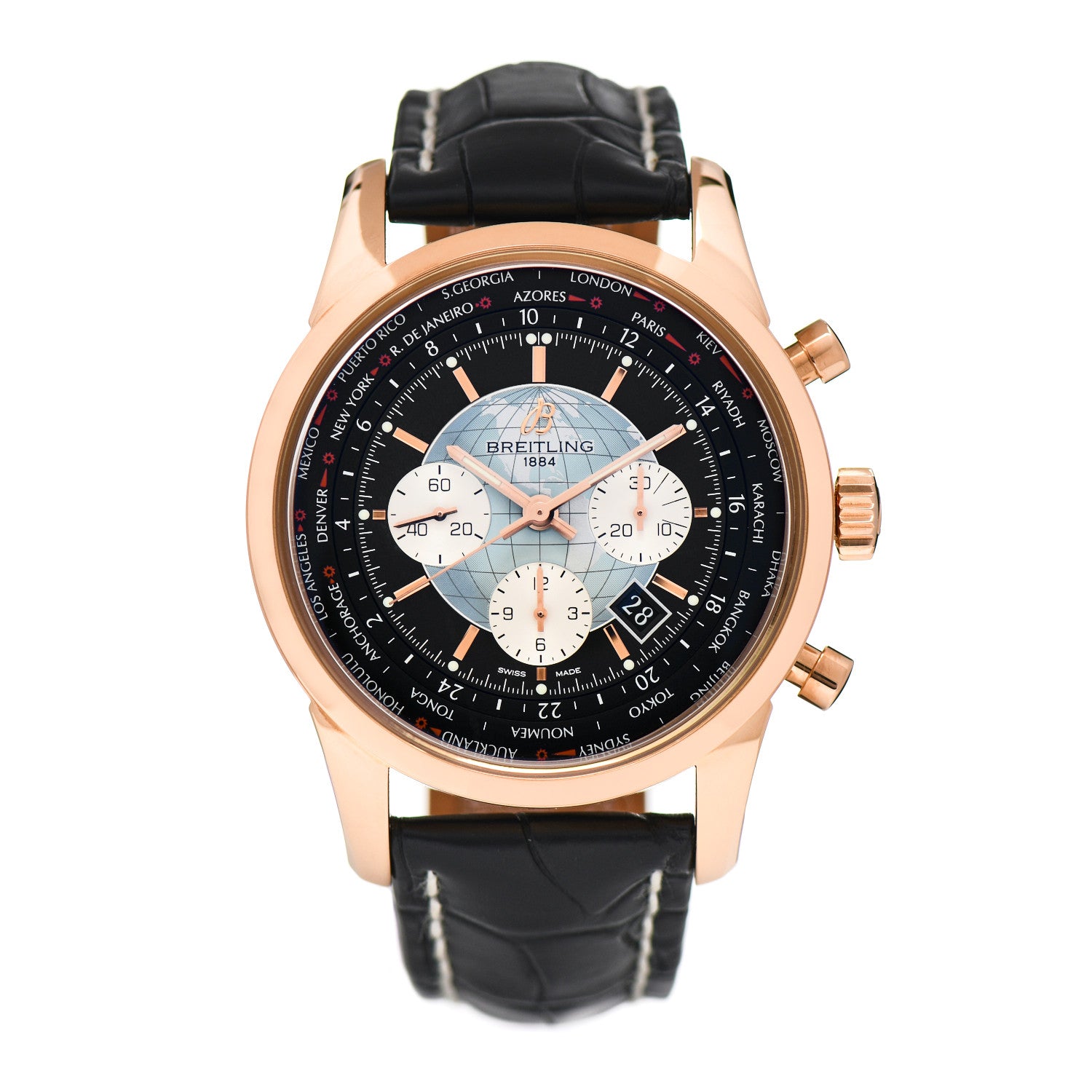 Breitling 18K Rose Gold Alligator 46mm Transocean Unitime Chronograph Automatic Watch Black RB0510 1 of 5