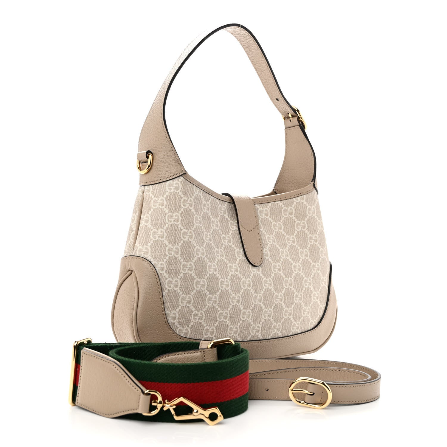 Gucci GG Supreme Monogram Textured Dollar Calfskin Web Small Jackie 1961 Hobo Beige Mystic White Oatmeal 3 of 9