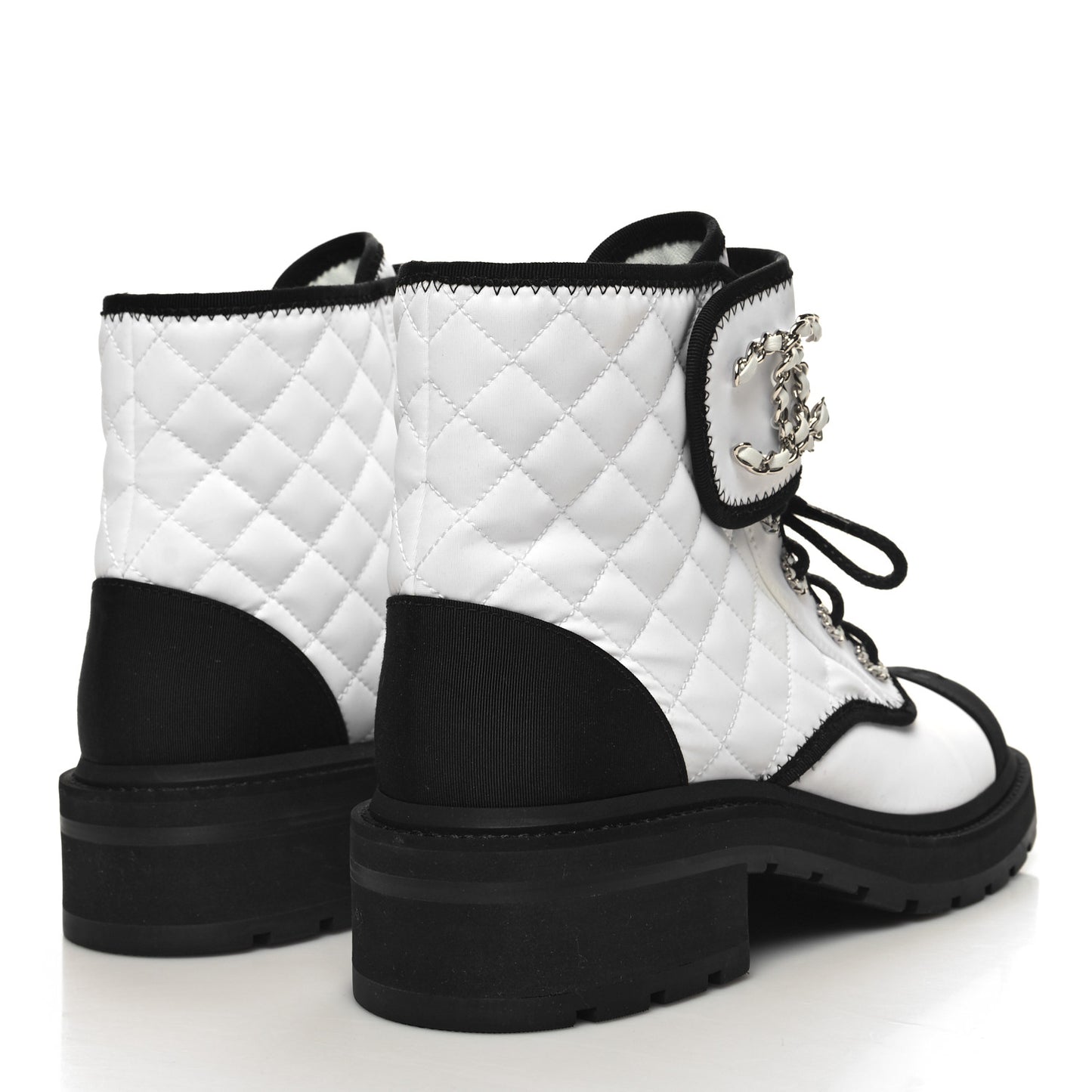 Fabric Grosgrain Quilted Cap Toe Lace Up Combat Boots 41 White Black