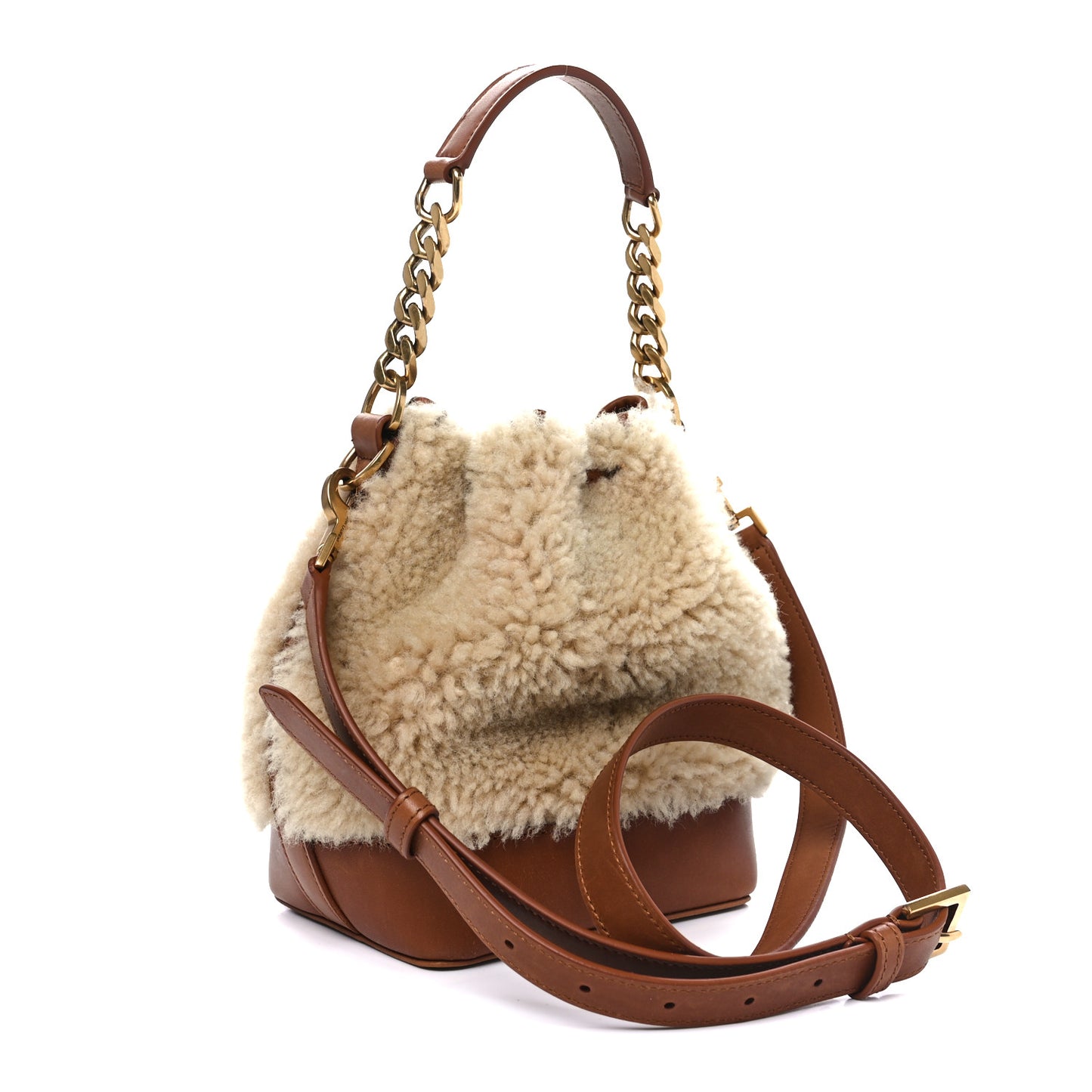 Shearling Calfskin Small Emmanuelle Bucket Bag Natural Beige Brick