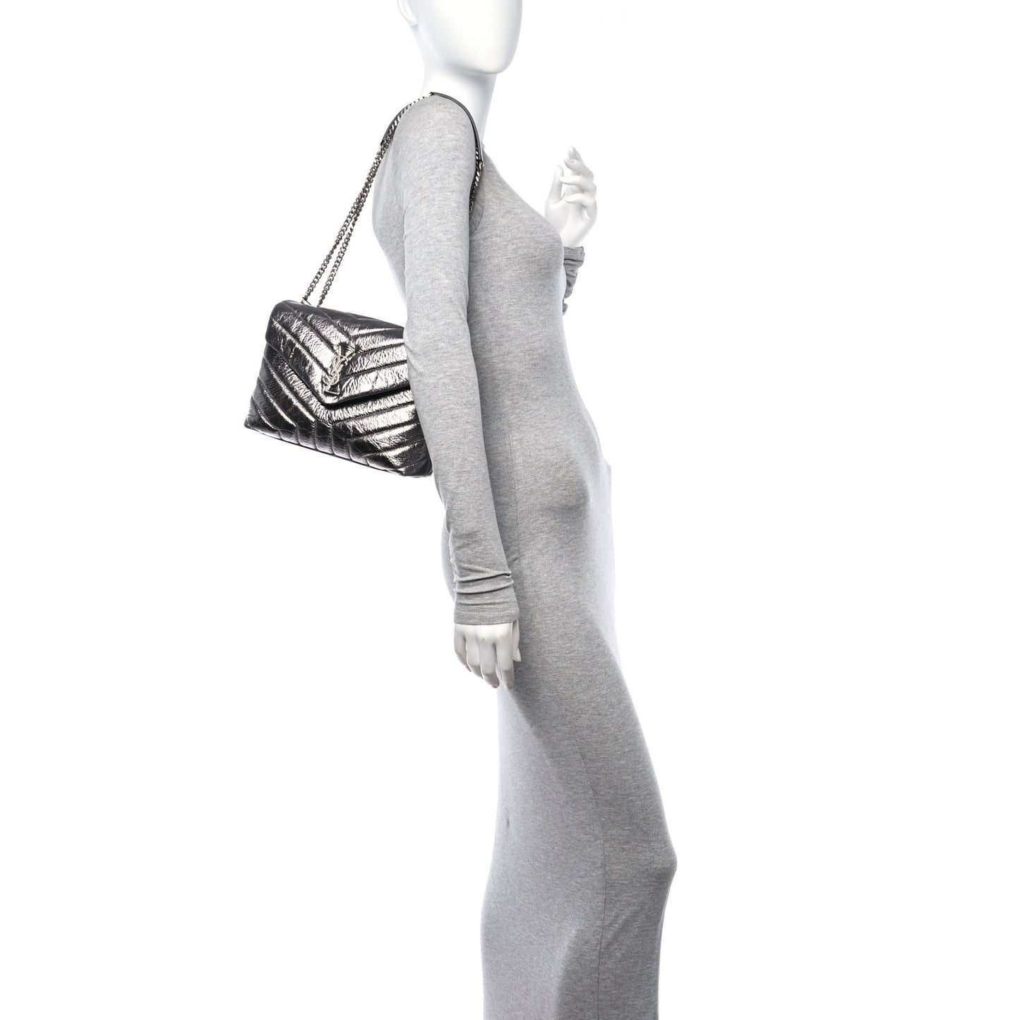 Metallic Calfskin Y Quilted Monogram Small Loulou Chain Satchel Acciaio