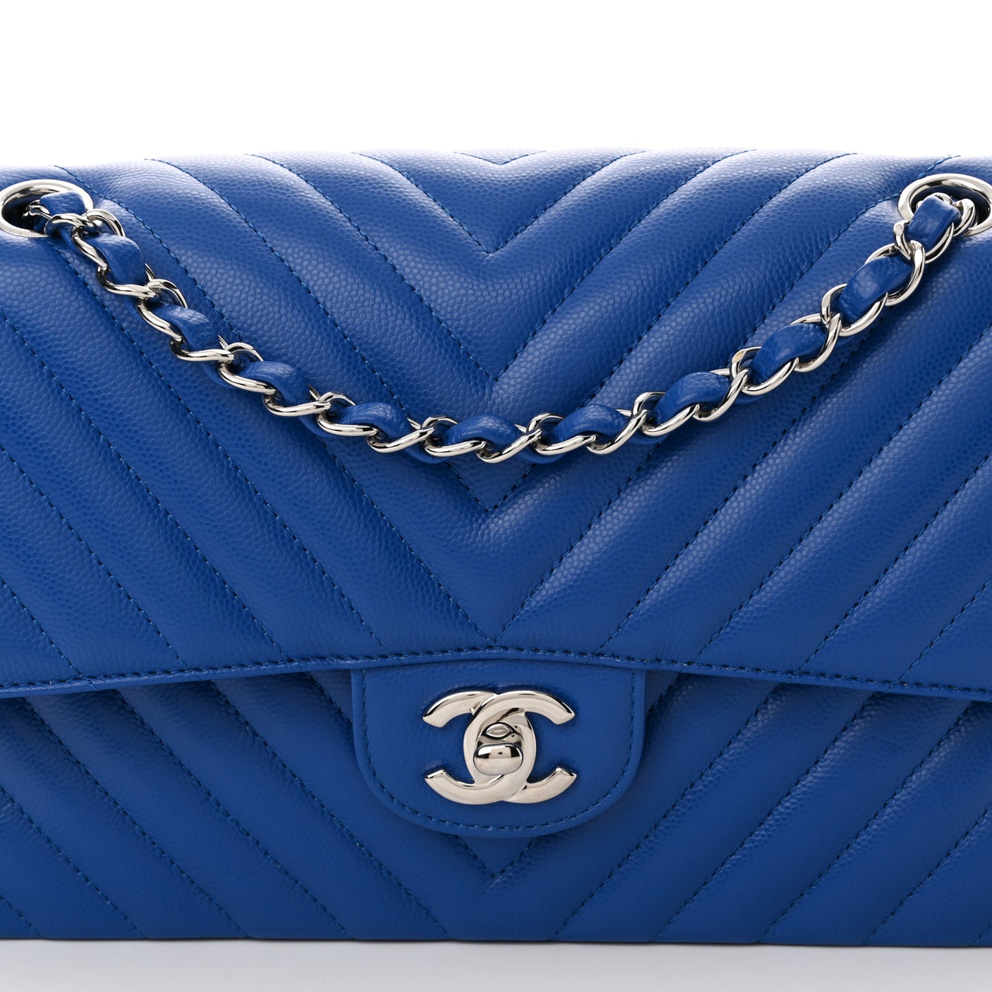 Caviar Chevron Quilted Medium Double Flap Blue