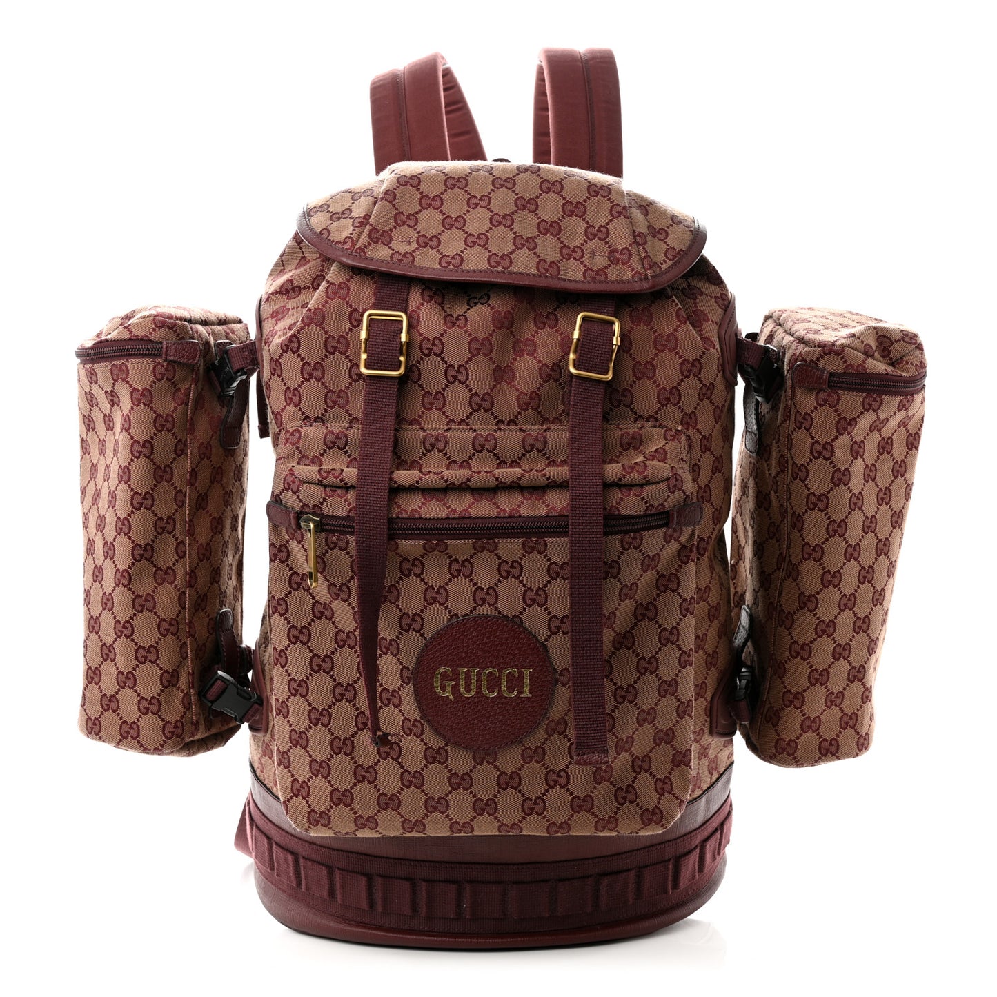 GG Monogram Script Logo Large Double Pocket Backpack Sahara Rubino Bordeaux