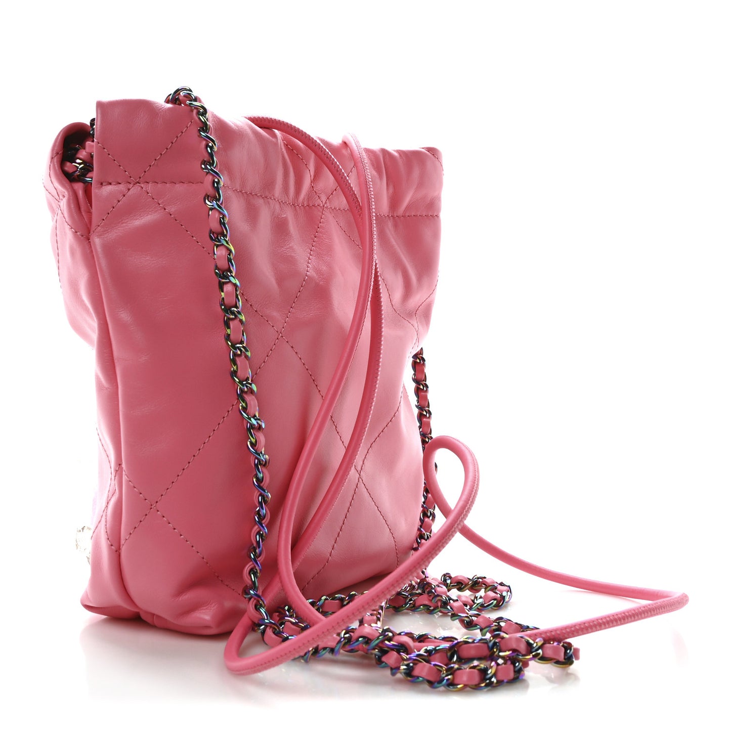 Shiny Calfskin Quilted Rainbow Metal Mini Chanel 22 Coral Pink