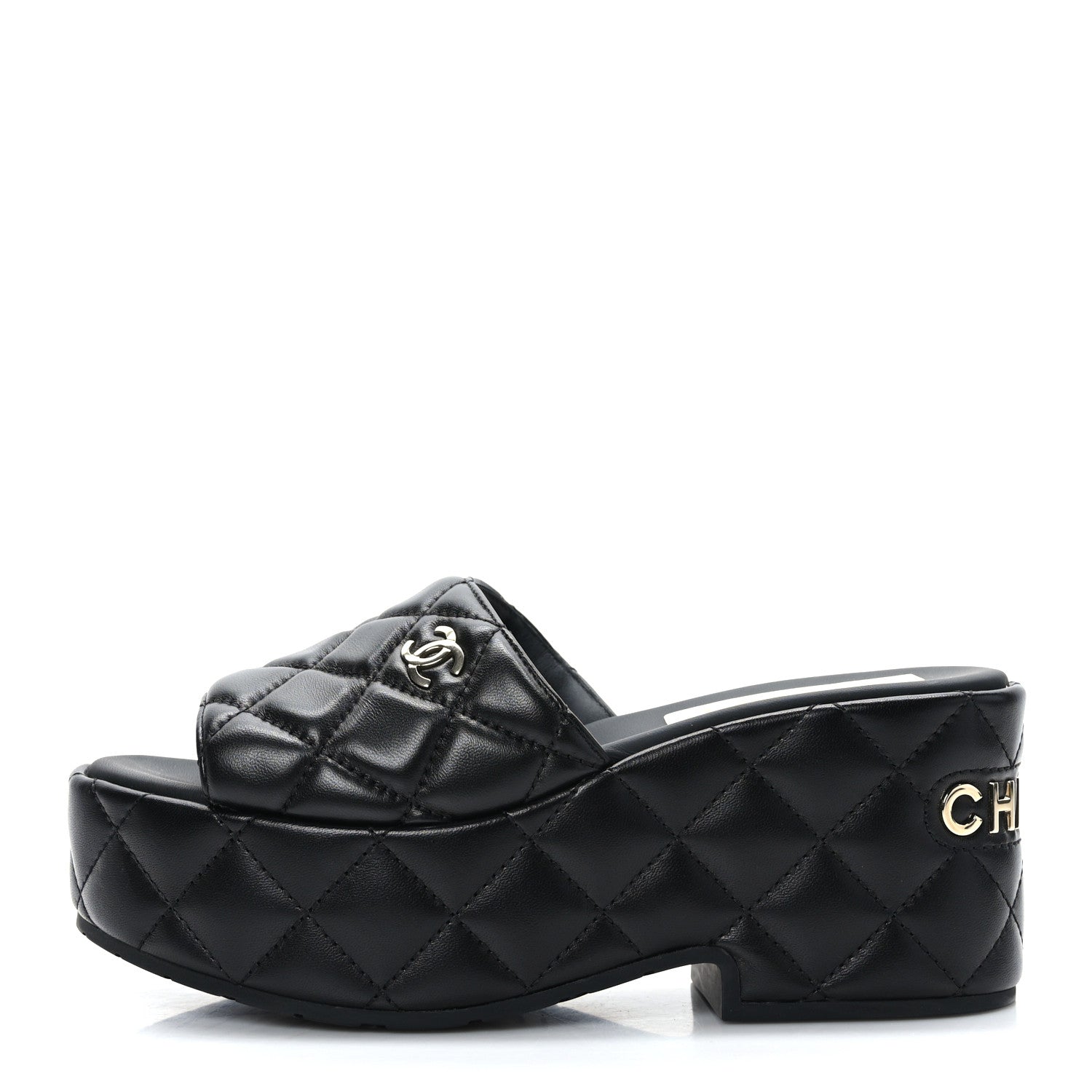 Chanel Lambskin Quilted CC Mules Wedge Sandals 36 Black 1274684