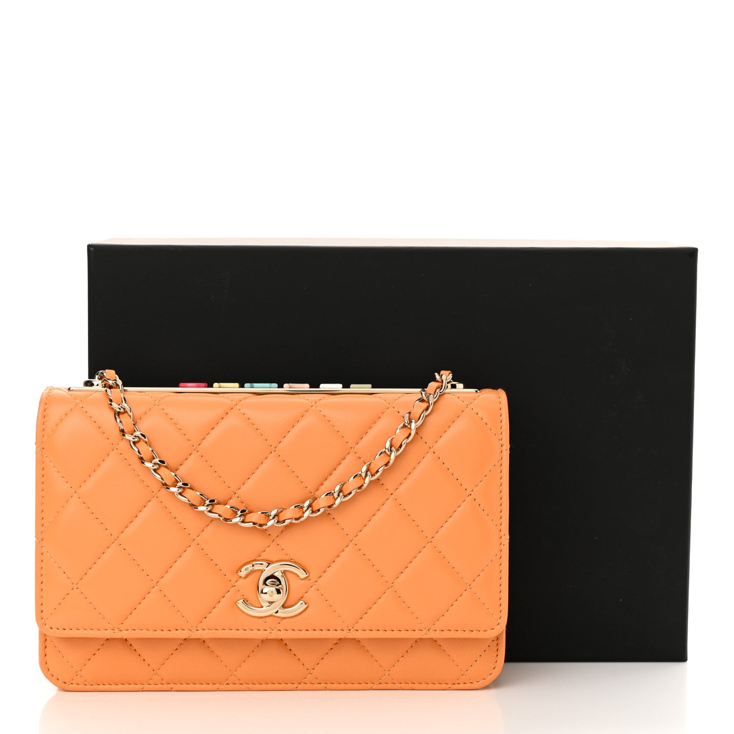 Lambskin Lacquered Quilted Trendy CC Wallet On Chain WOC Orange