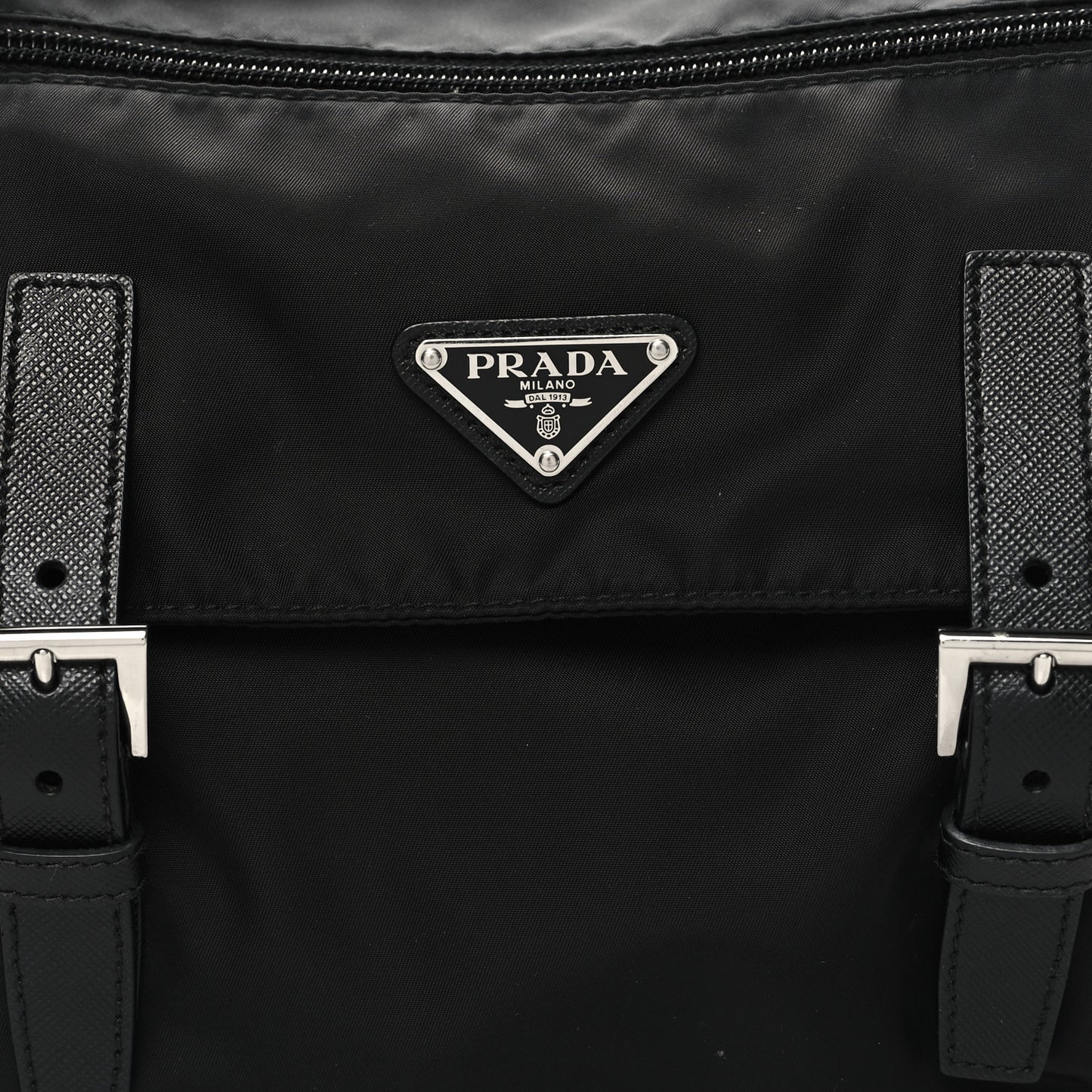 Re-Nylon Vela Saffiano Double Buckle Messenger Shoulder Bag Black