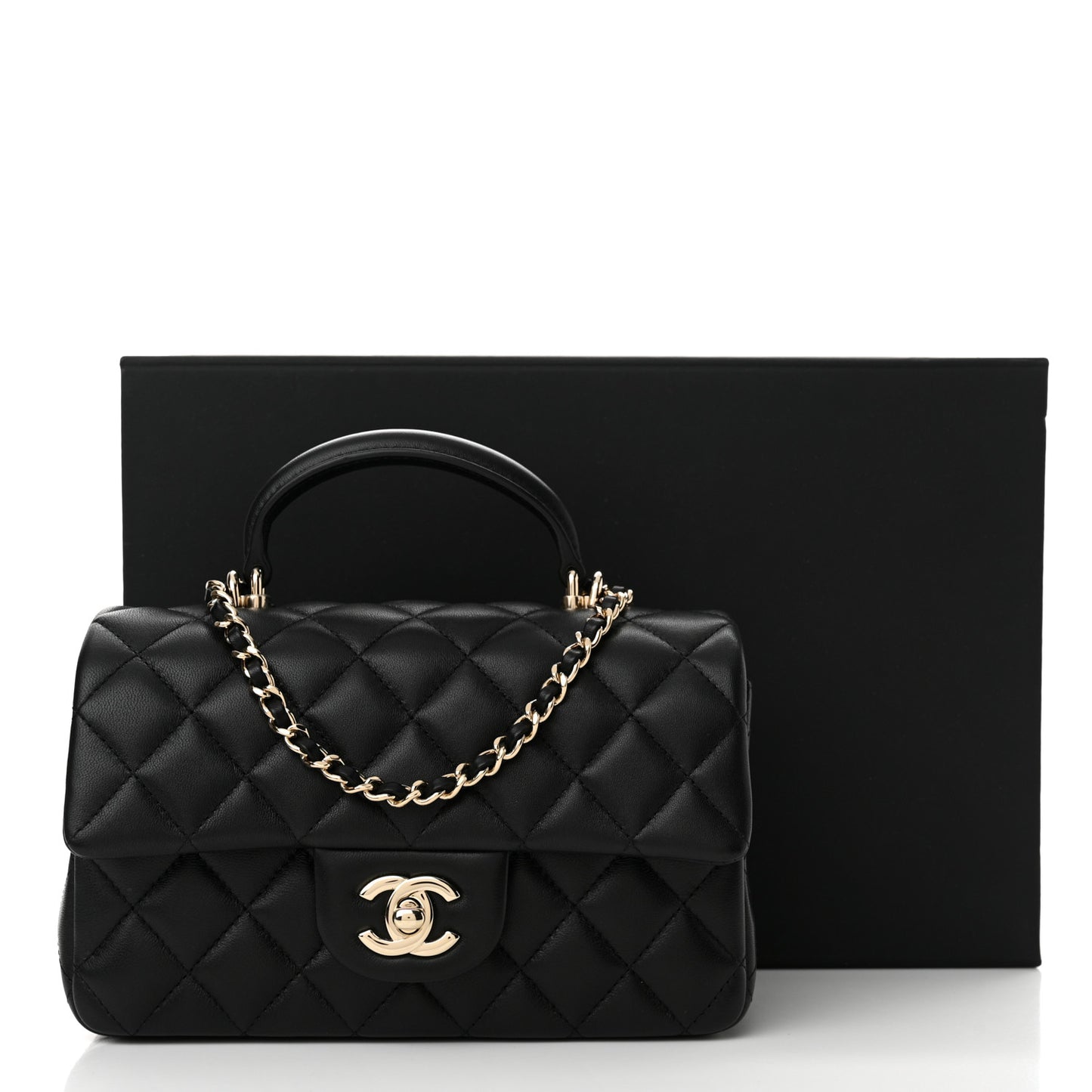 Lambskin Quilted Mini Top Handle Rectangular Flap Black