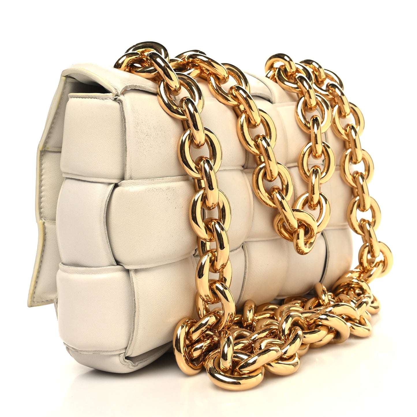 Lambskin Maxi Intreccio Padded Chain Cassette Crossbody Bag White