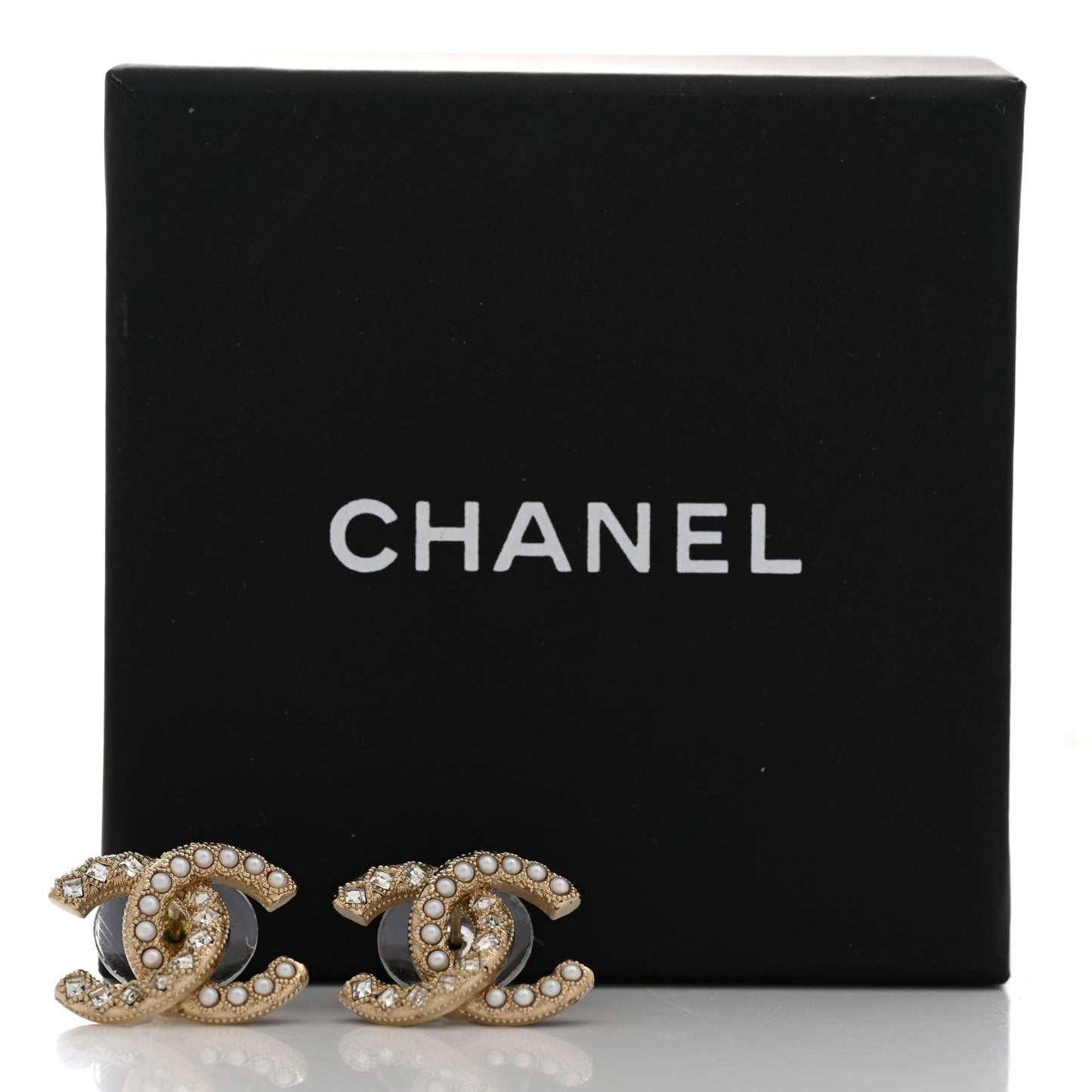 Pearl Crystal CC Stud Earrings Gold