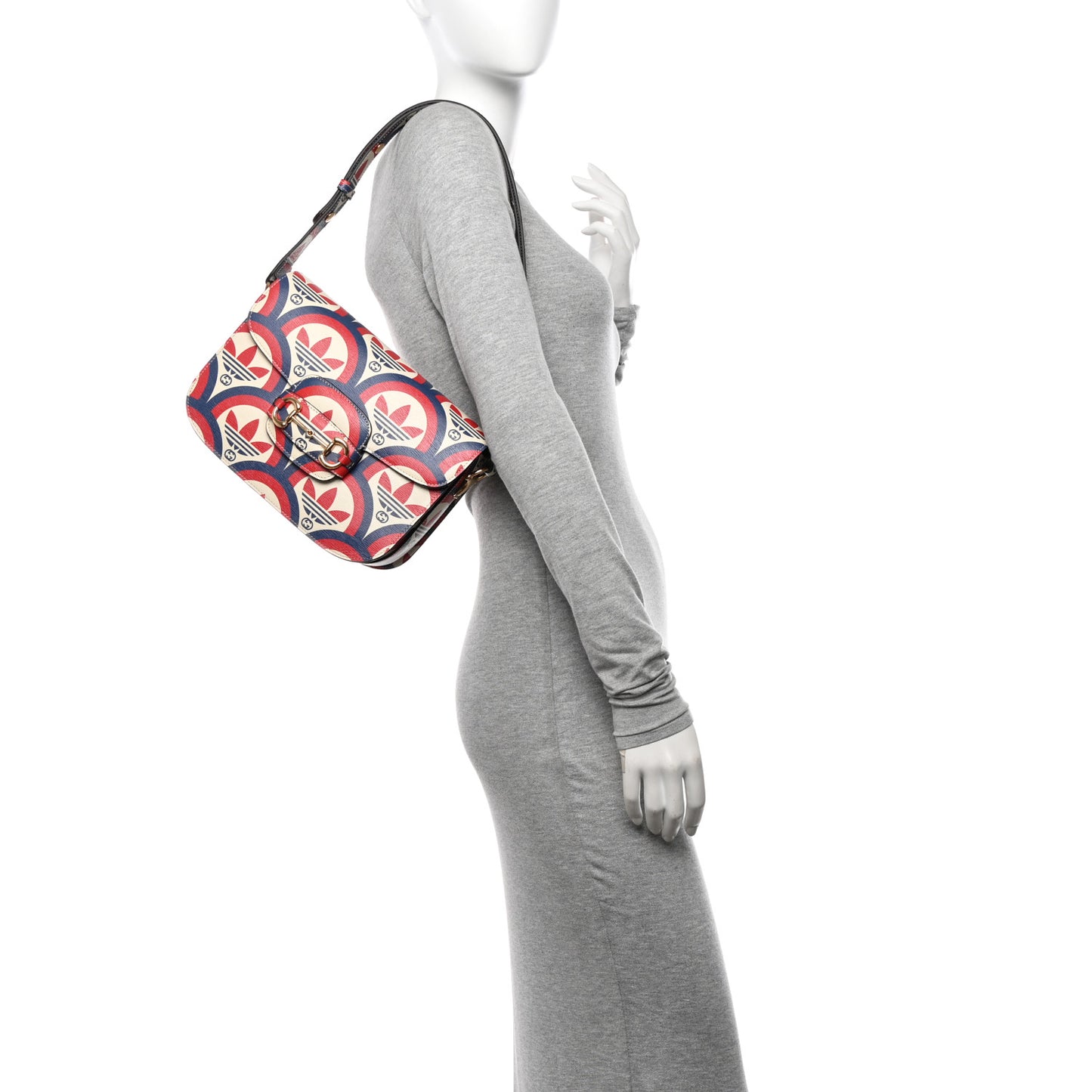 X ADIDAS Shangai Calfskin Web Trefoil Interlocking G Small Horsebit 1955 Shoulder Bag Red White Blue