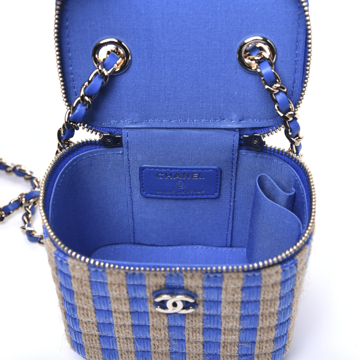 Raffia Jute Striped Mini Vanity Case With Chain Blue Beige