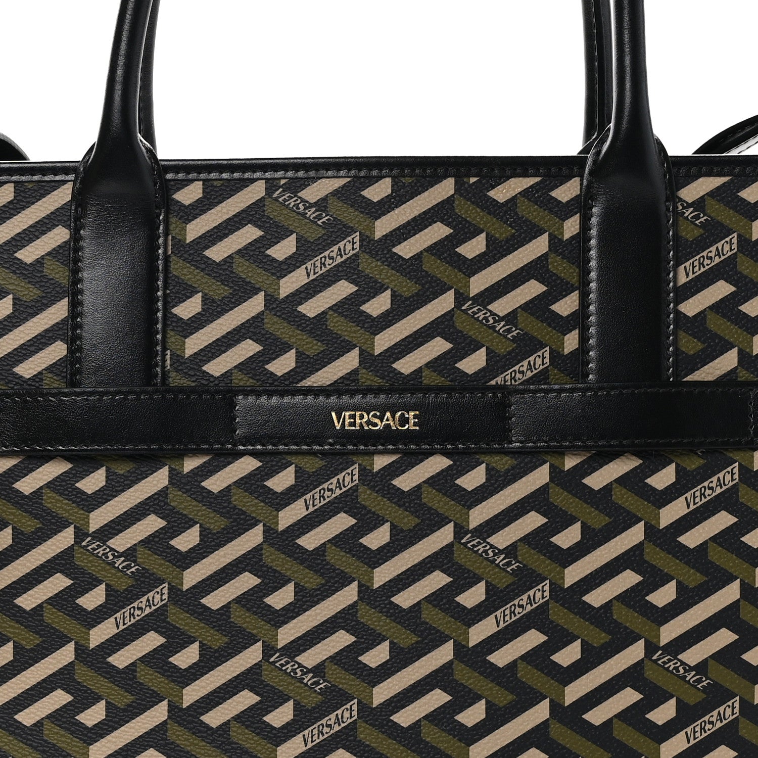 Versace Coated Canvas Calfskin La Greca Signature Tote Bag Black Khaki 7 of 9