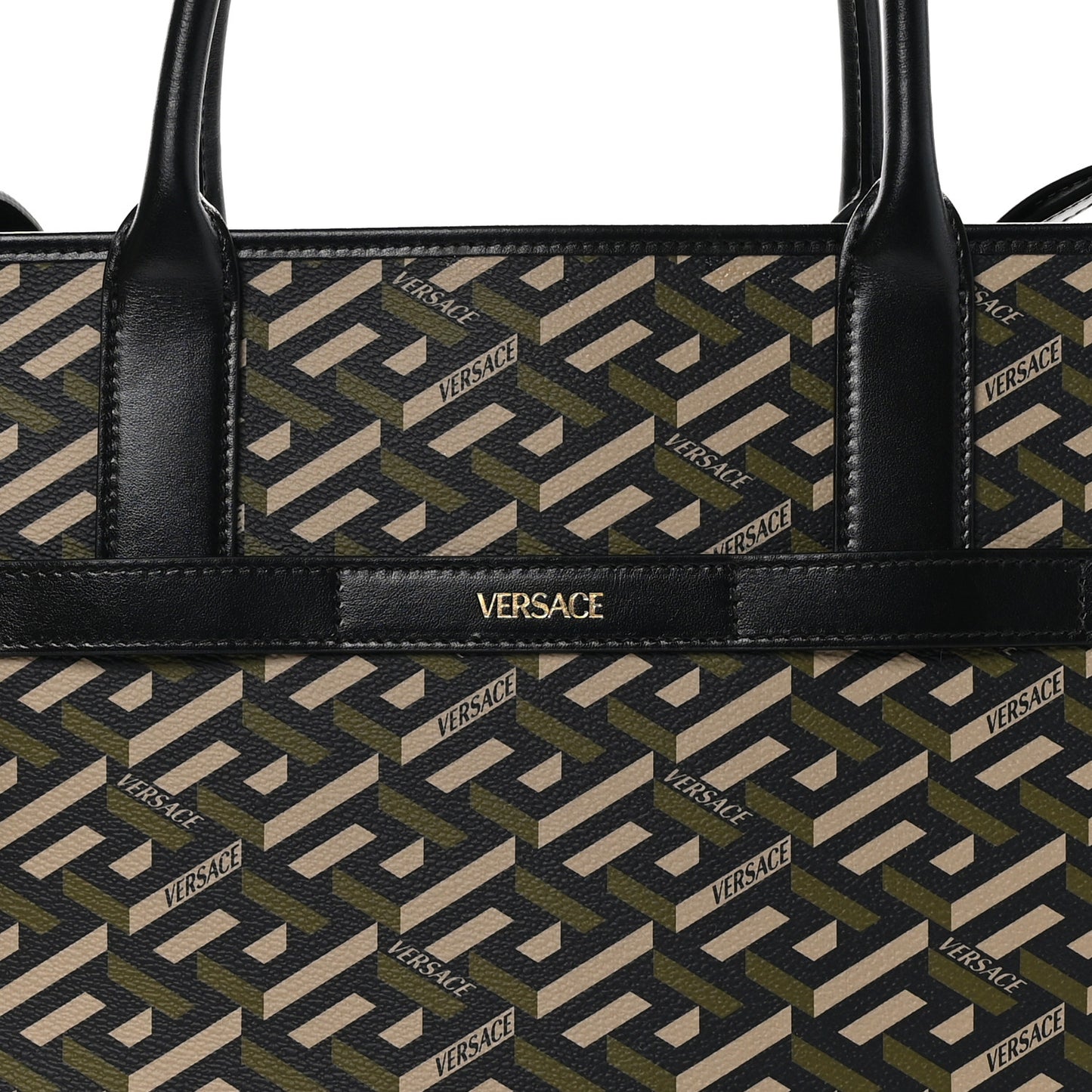 Coated Canvas Calfskin La Greca Signature Tote Bag Black Khaki