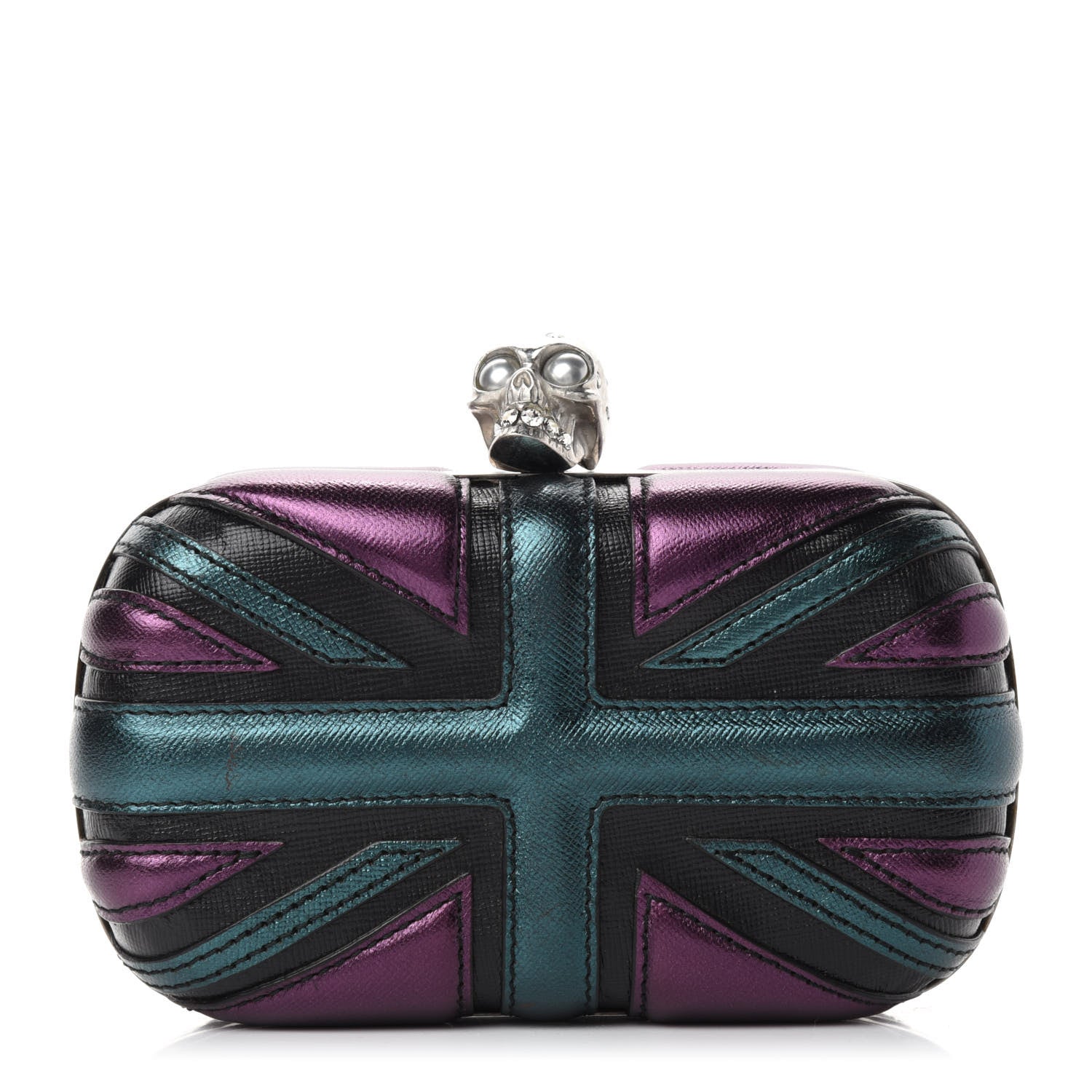 Alexander McQueen Metallic Saffiano Britannia Skull Box Clutch Green Black Purple 1 of 10