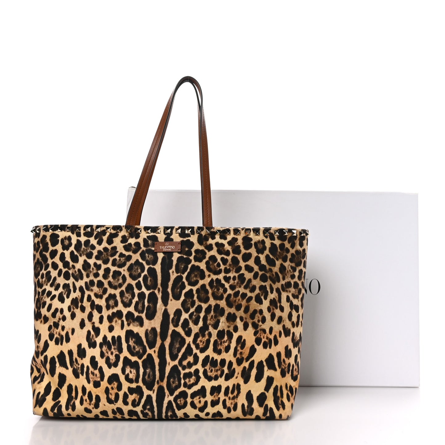VALENTINO GARAVANI Canvas Nappa Leopard Print Rockstud Tote Brown
