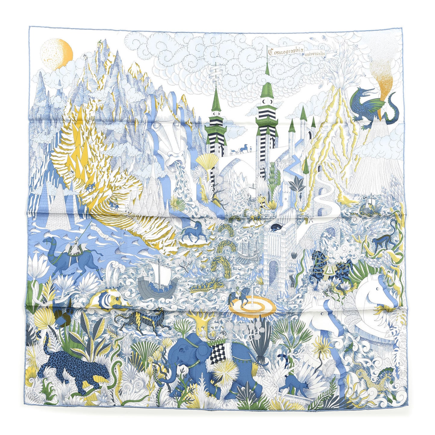 Silk Cosmographia Universalis Scarf 90 White Bleu Vert