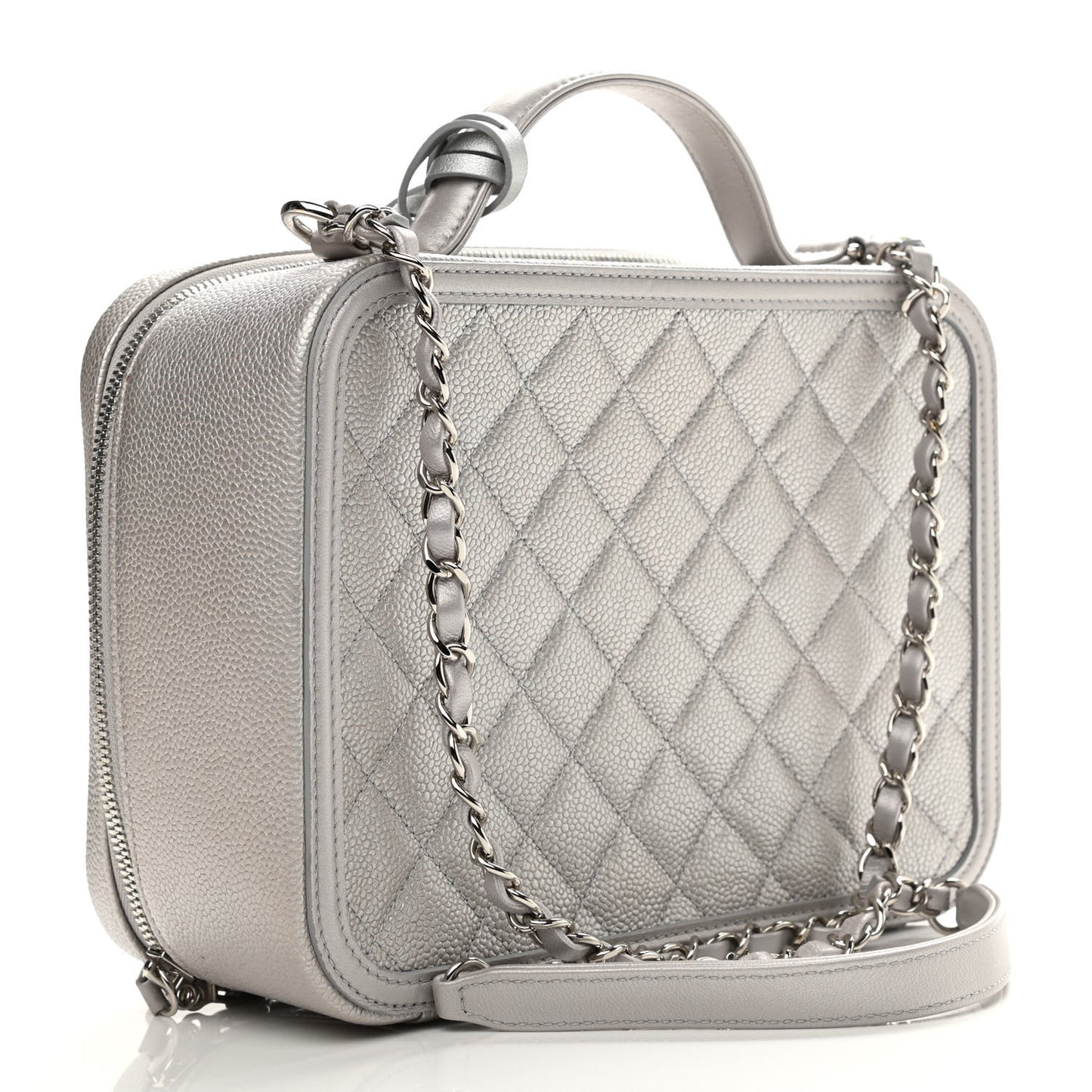 Metallic Caviar Quilted Large CC Filigree Vanity Case Silver