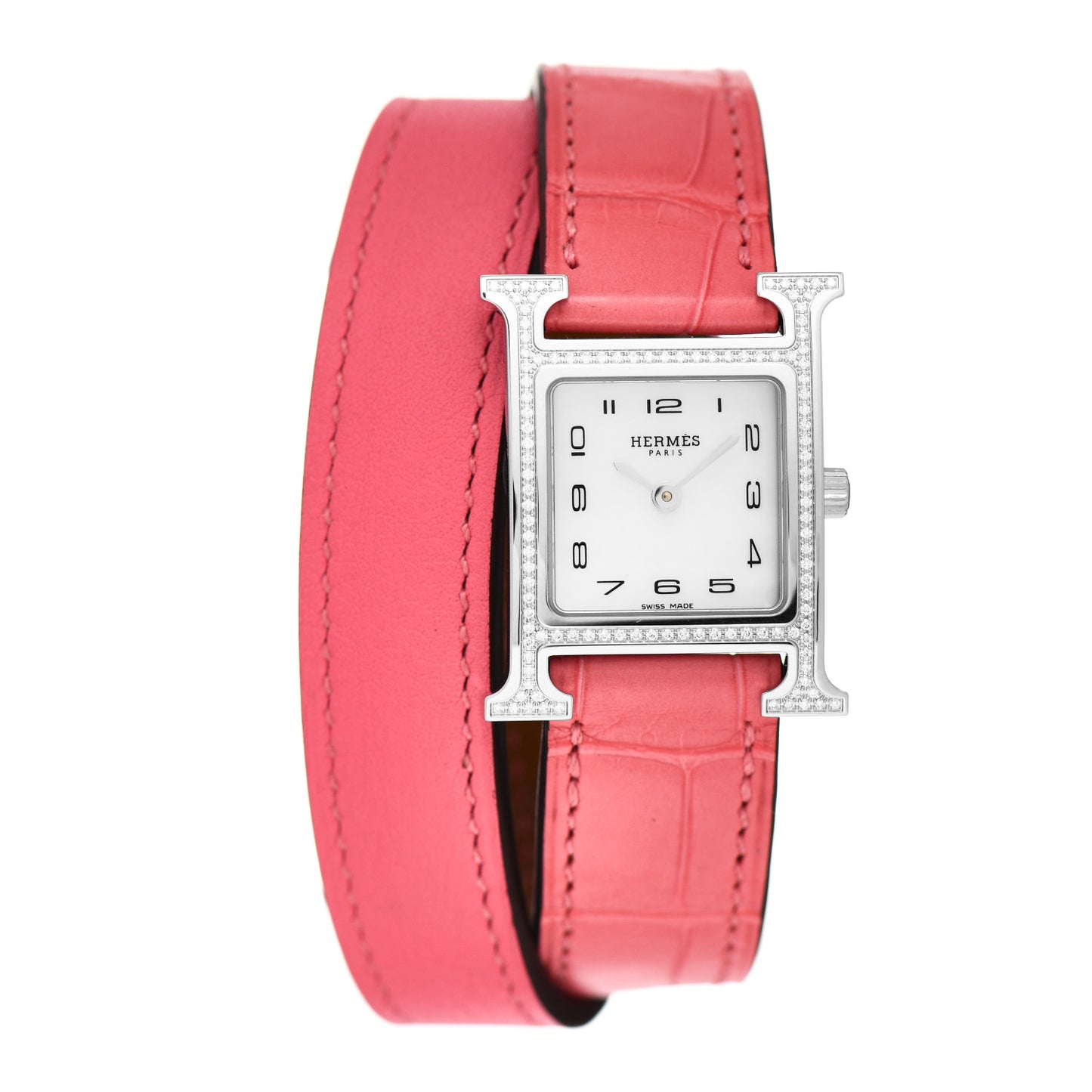 Stainless Steel Alligator Diamond Bezel Mother of Pearl 21mm Heure H Hour Double Tour Quartz Watch Framboise