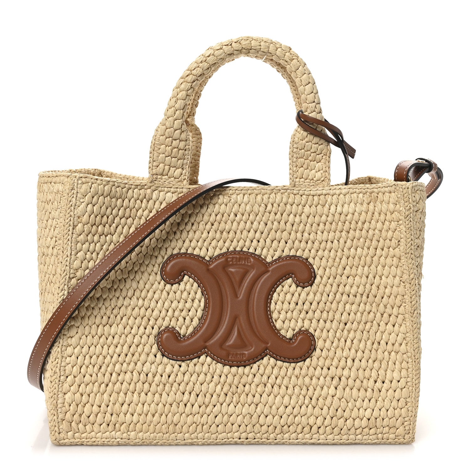 CELINE セリーヌ レザーパイピング　バックプリーツ　デザインTEE M67 Celine Raffia Calfskin Triomphe Small Cabas Thais Tan 1763765