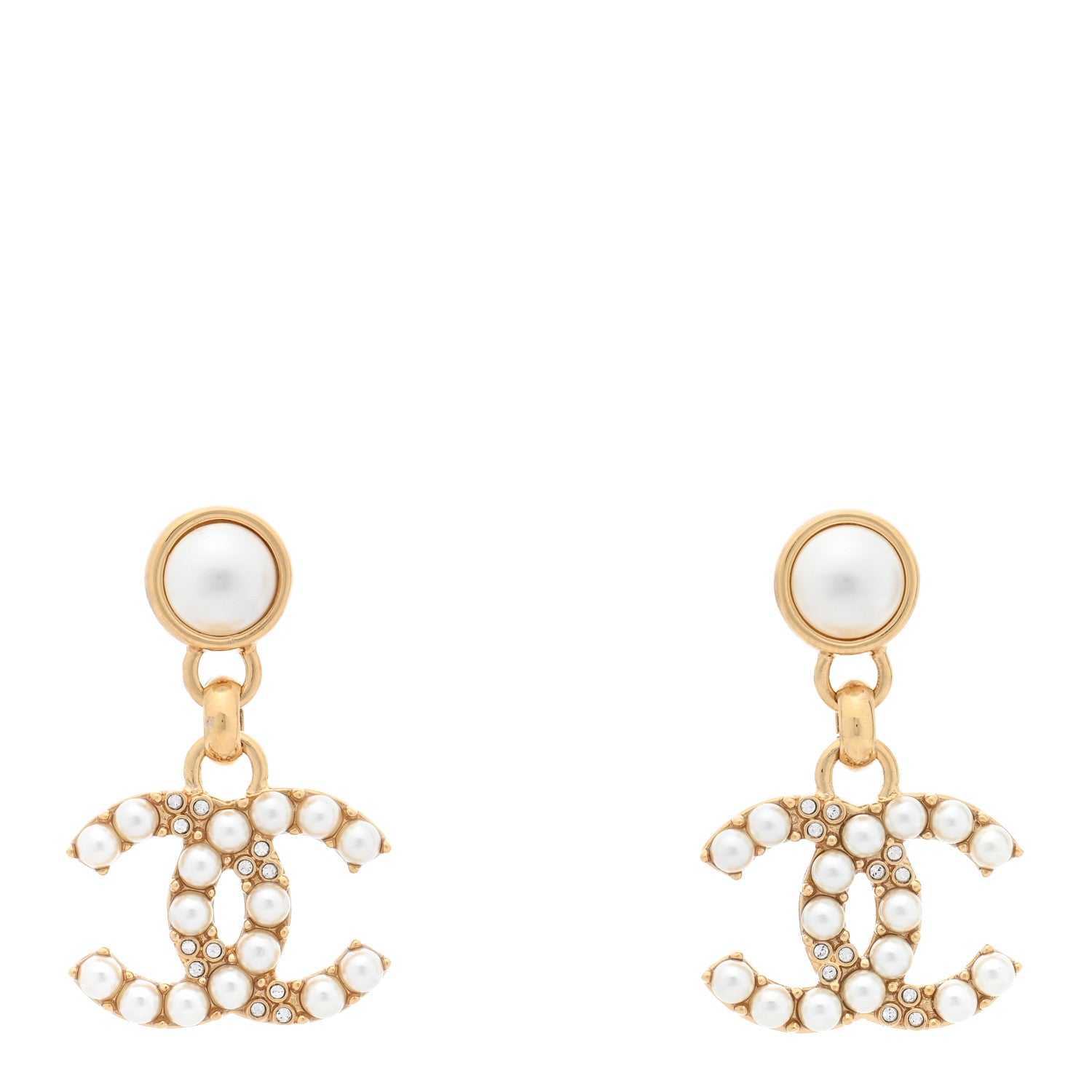Chanel Metal Crystal Pearl CC Pendant Earrings Gold 1 of 5