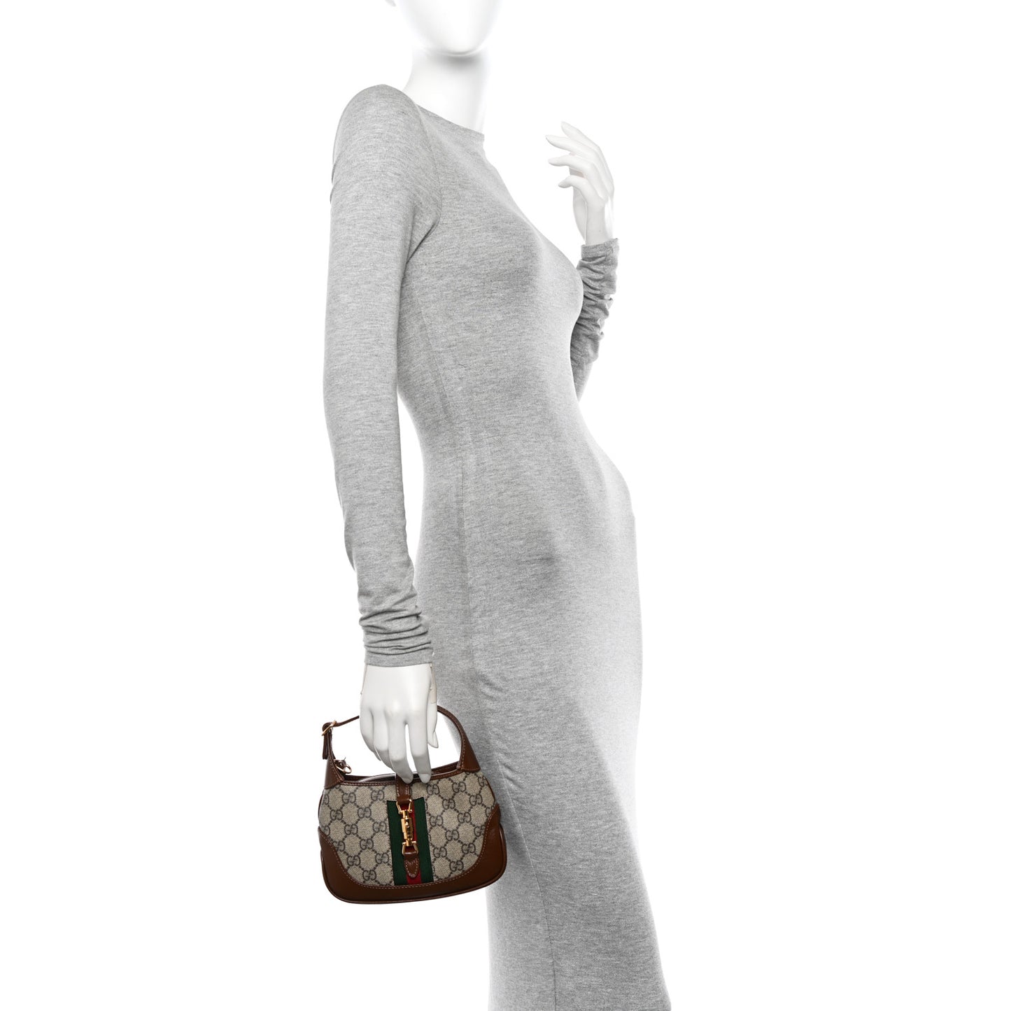 GG Supreme Monogram Azalea Calfskin Web Mini Jackie 1961 Hobo Beige Ebony Brown Sugar