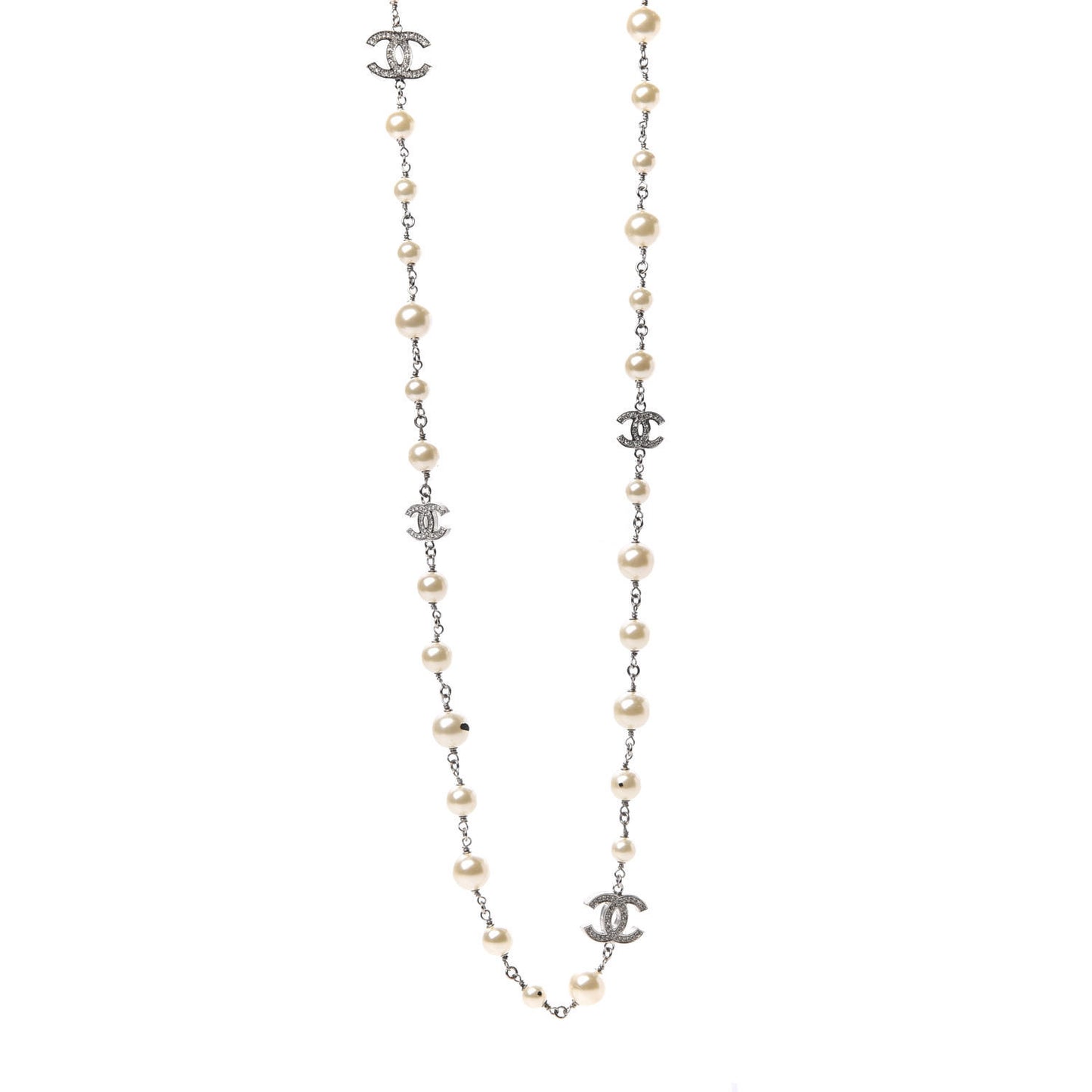 Crystal Pearl CC Long Necklace Silver