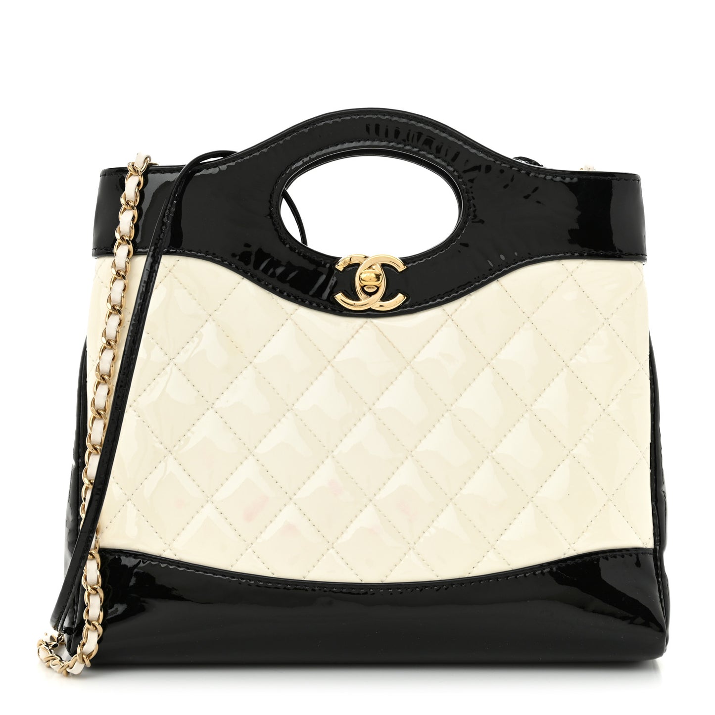 Patent Calfskin Quilted Mini 31 Shopping Bag White Black