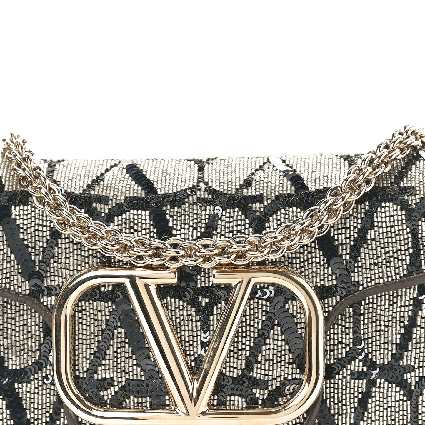 Sequins Toile Iconographe Calfskin Beaded Vlogo Small Loco Shoulder Bag Argento Black Fondant