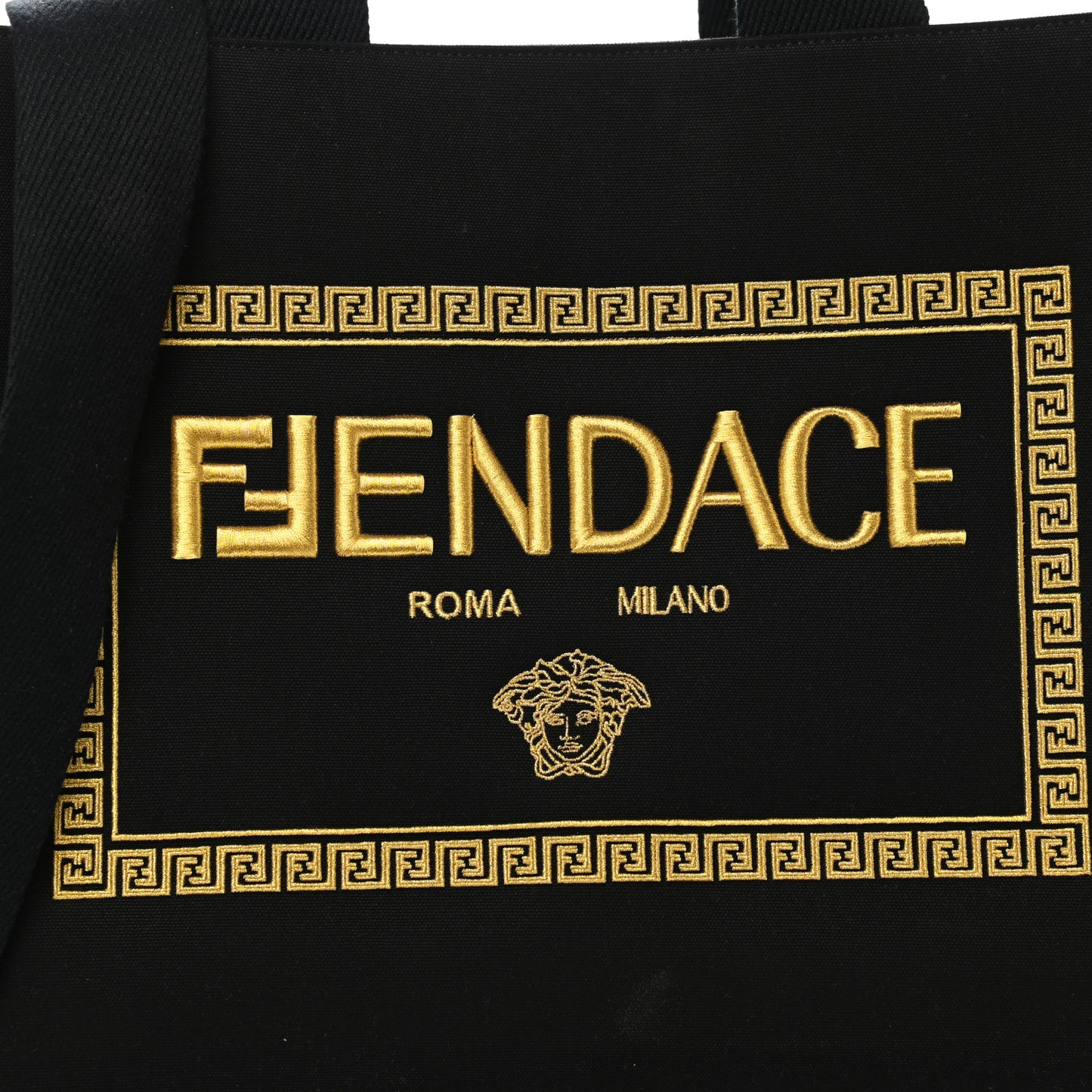 X VERSACE Cotton Canvas Cuoio Romano Fendace Logo Embroidered Signature Shopping Tote Black Gold