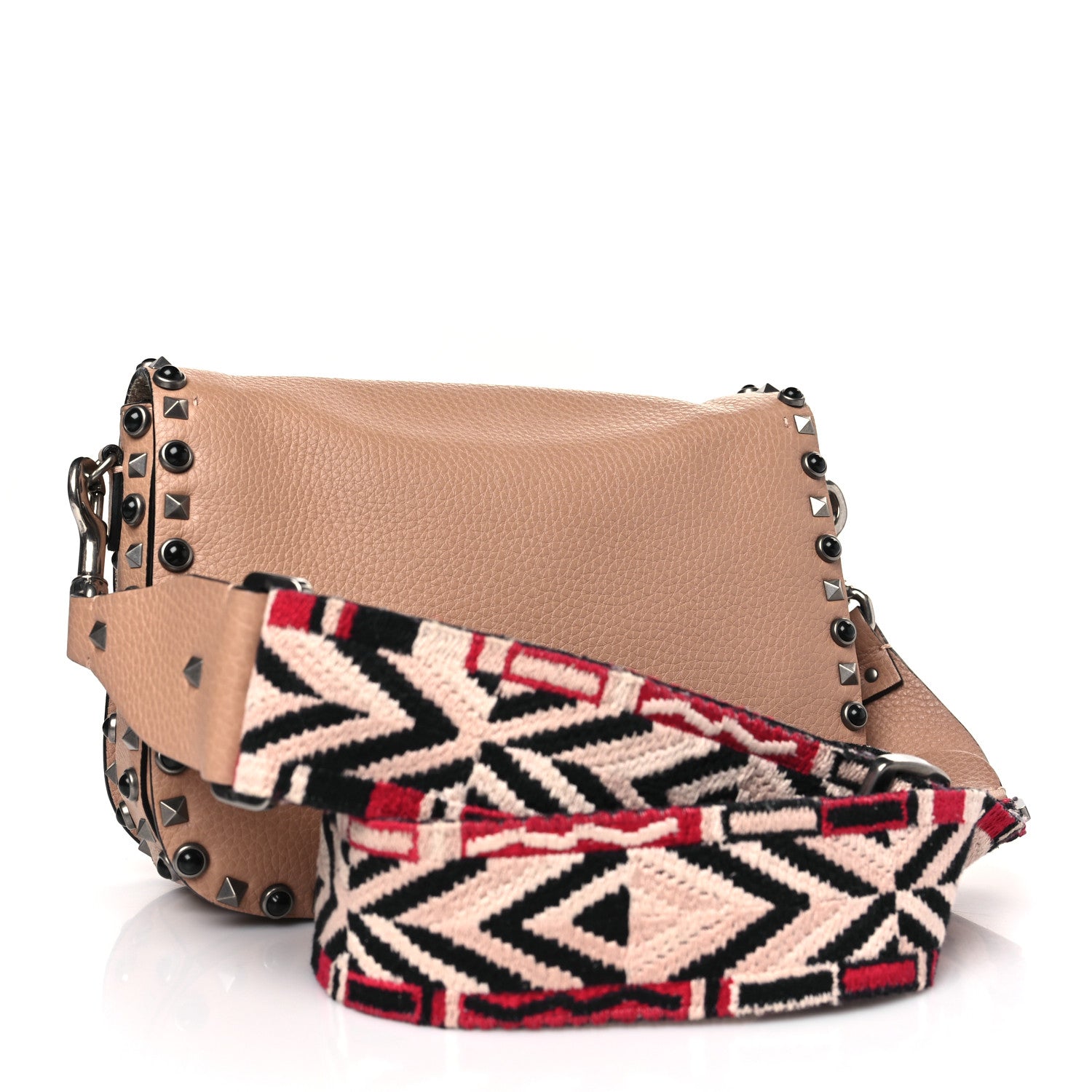 Valentino Garavani Grained Calfskin Onyx Medium Guitar Strap Rockstud Rolling Flap Saddle Bag Soft Noisette 3 of 8