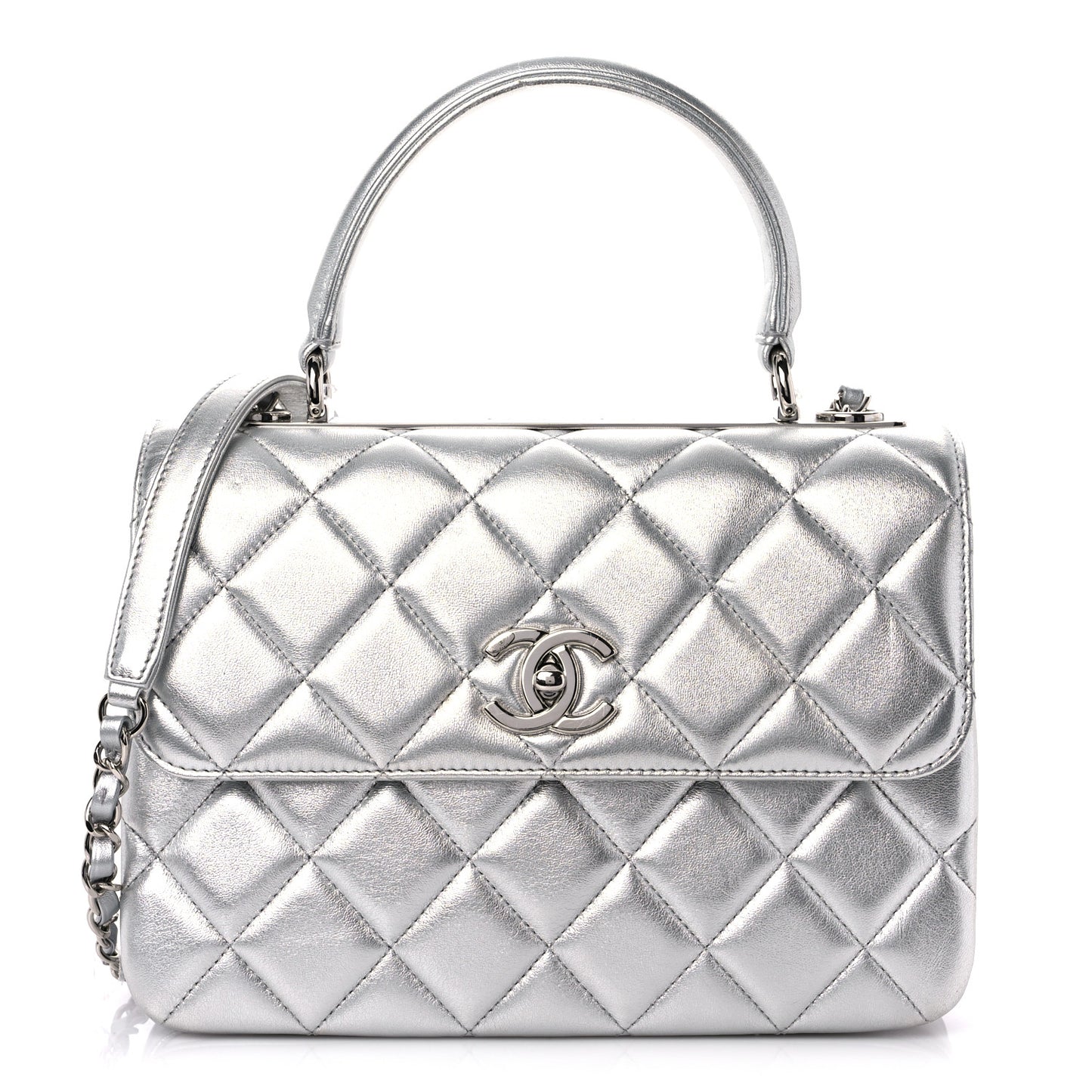 Metallic Lambskin Quilted Small Trendy CC Flap Dual Handle Bag Silver