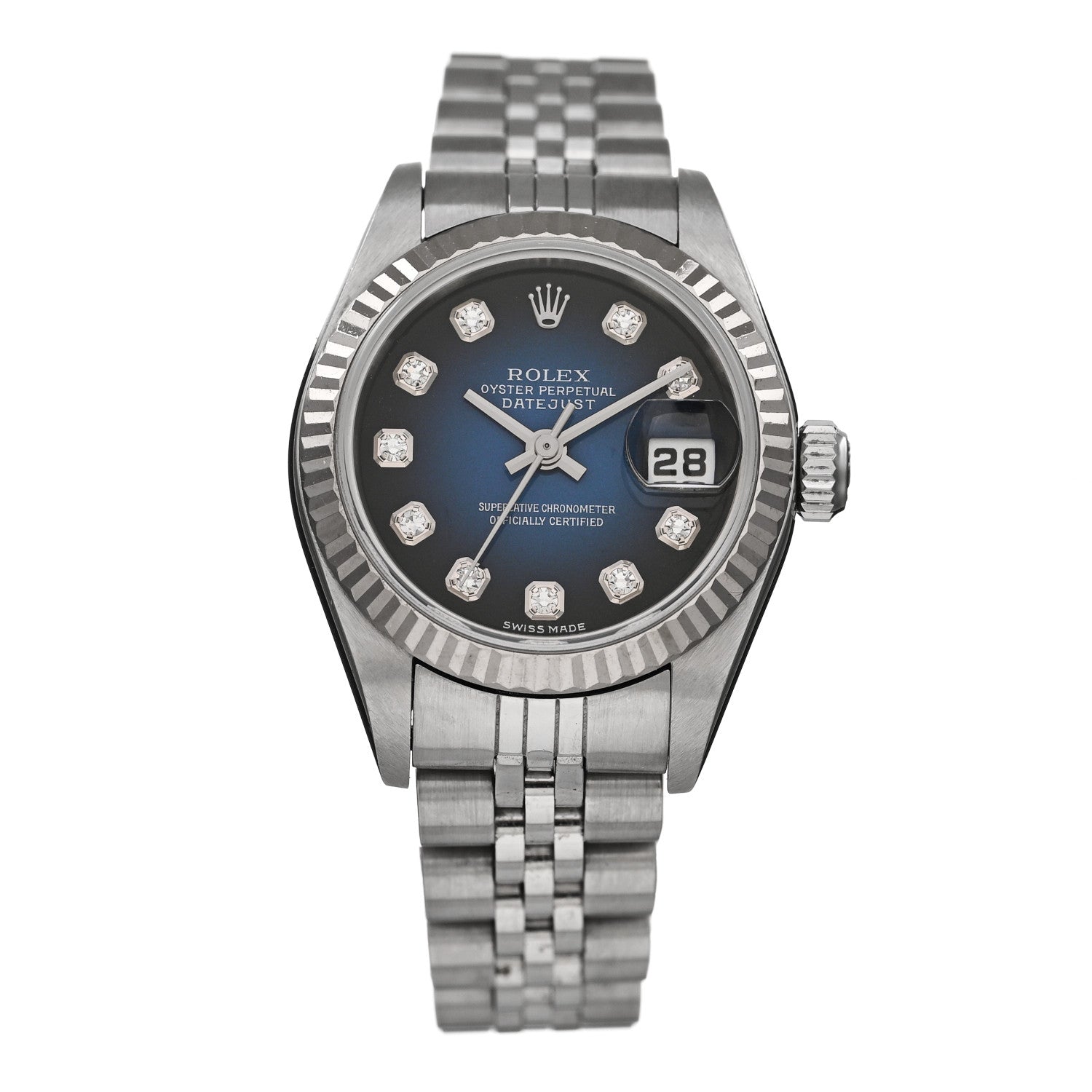 Rolex Stainless Steel 18K White Gold Diamond 26mm Oyster Perpetual Datejust Watch Blue Gradient 79174 1 of 4