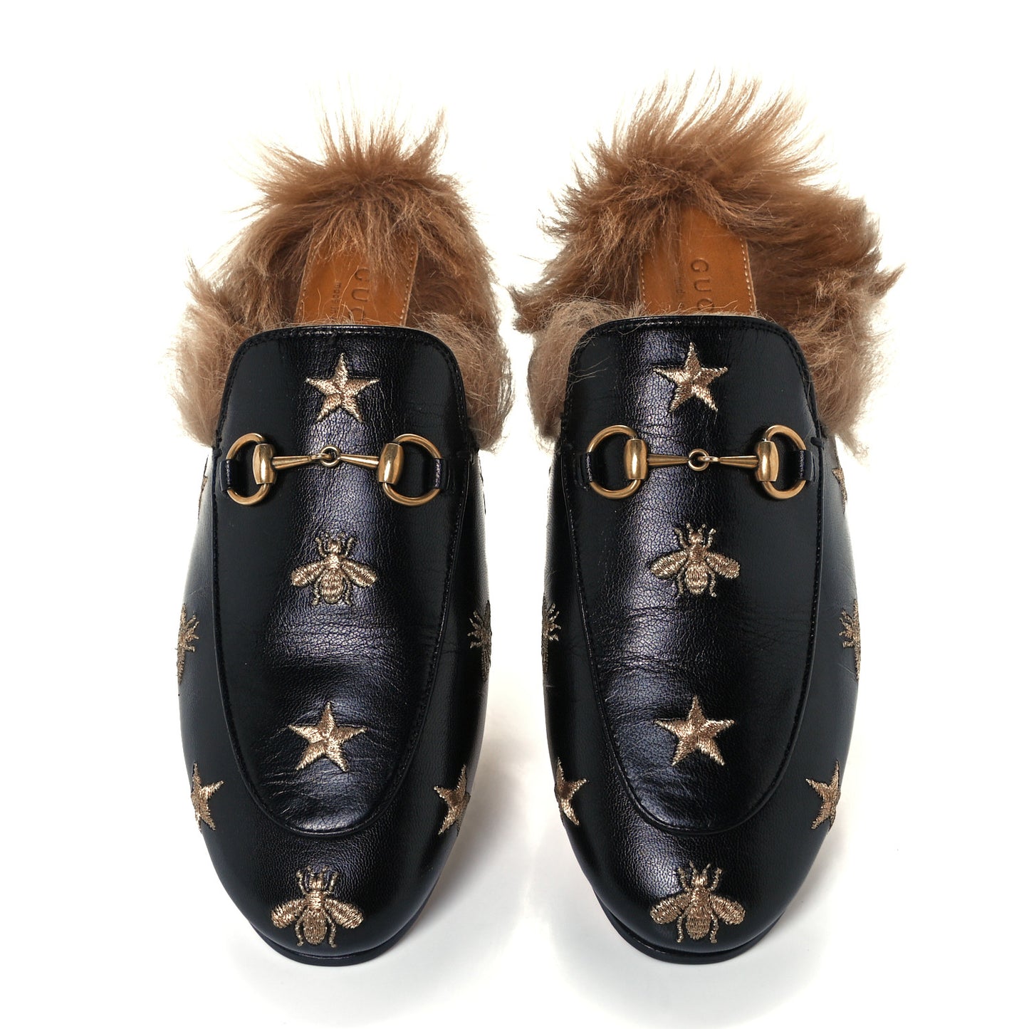 Goatskin Fur Bee Star Embroidered Womens Princetown Slippers 37 Black