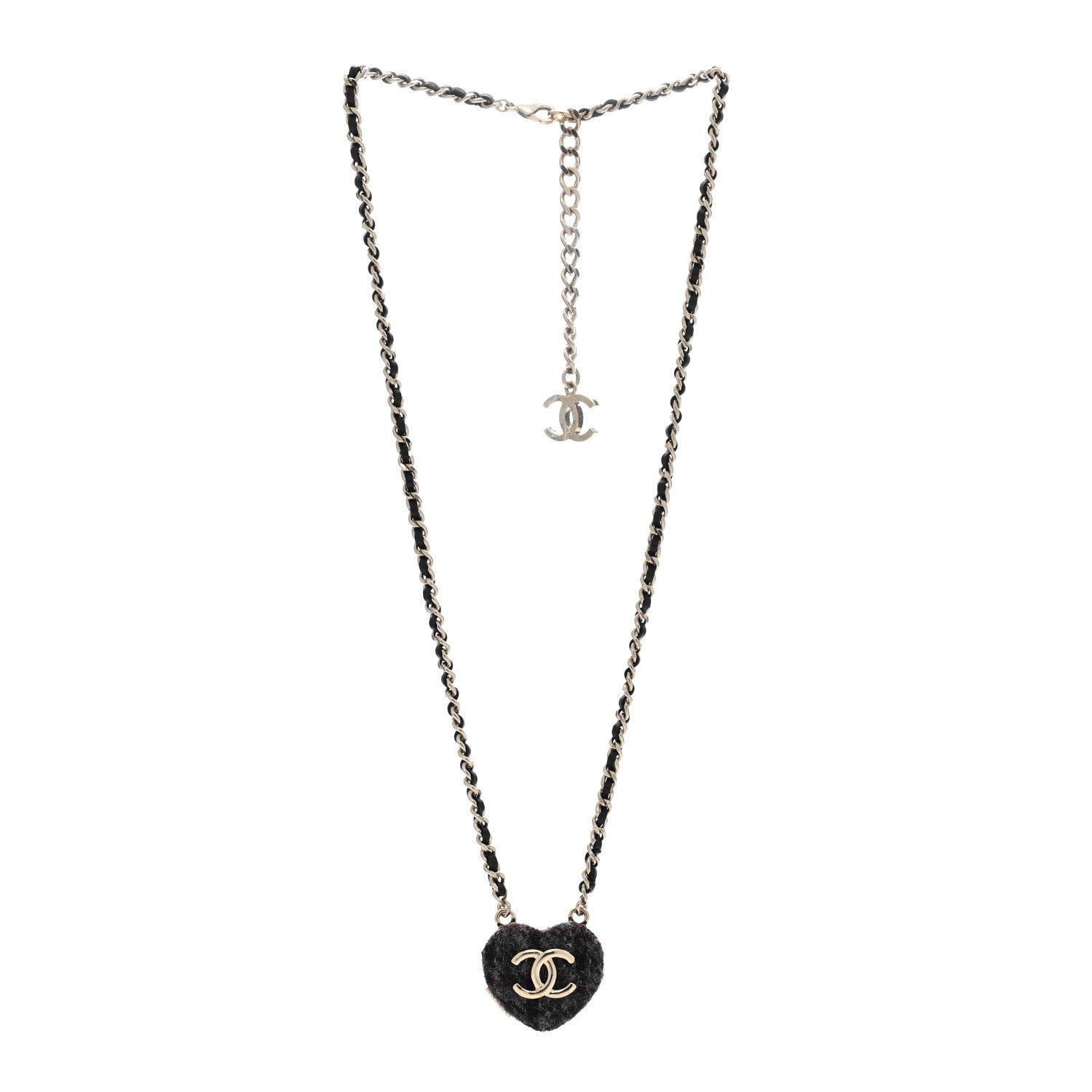 Chanel Lambskin Tweed CC Locket Pendant Necklace Grey Blue Black Gold 2 of 4