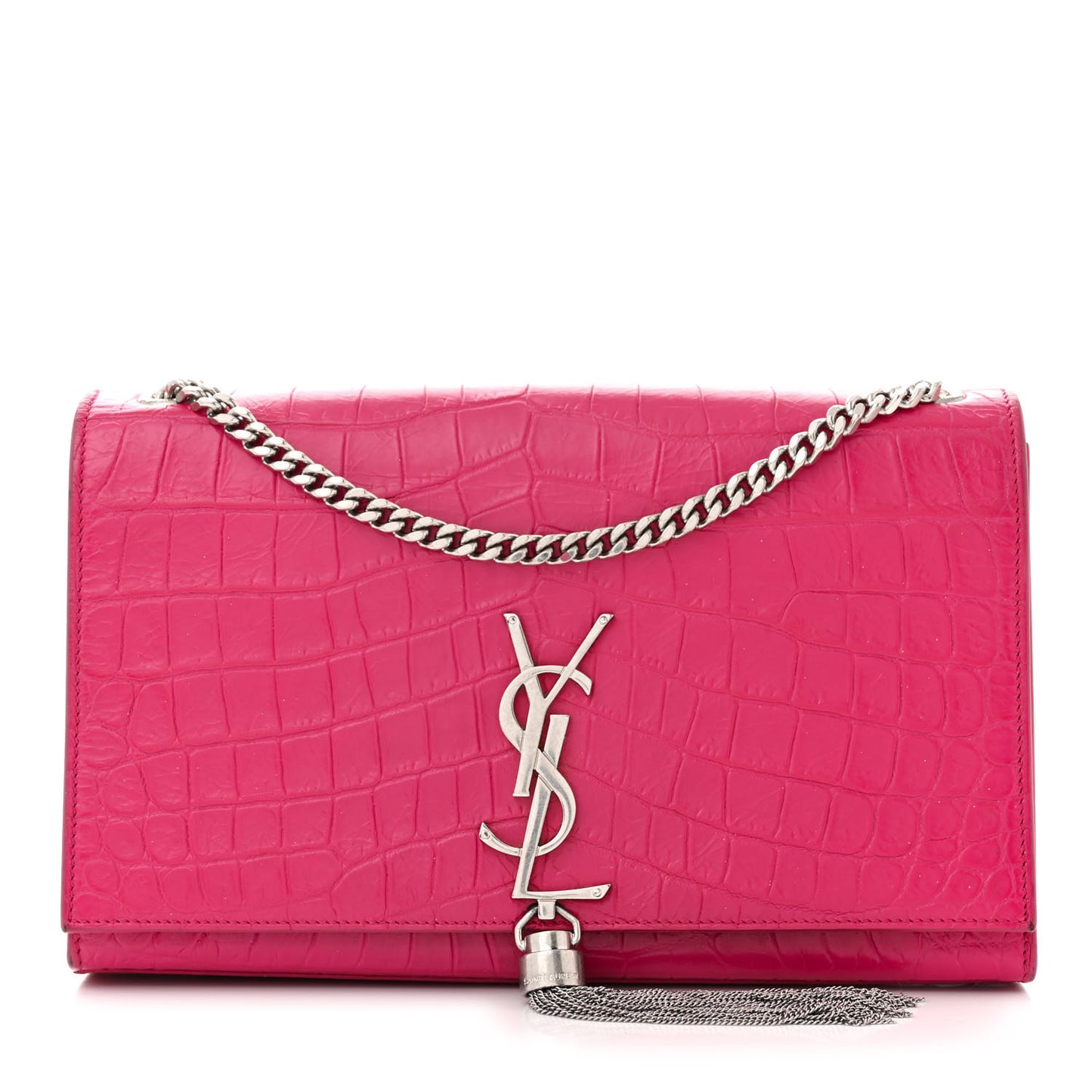 SAINT LAURENT Calfskin Crocodile Embossed Medium Classic Monogram Kate Tassel Satchel Fuchsia