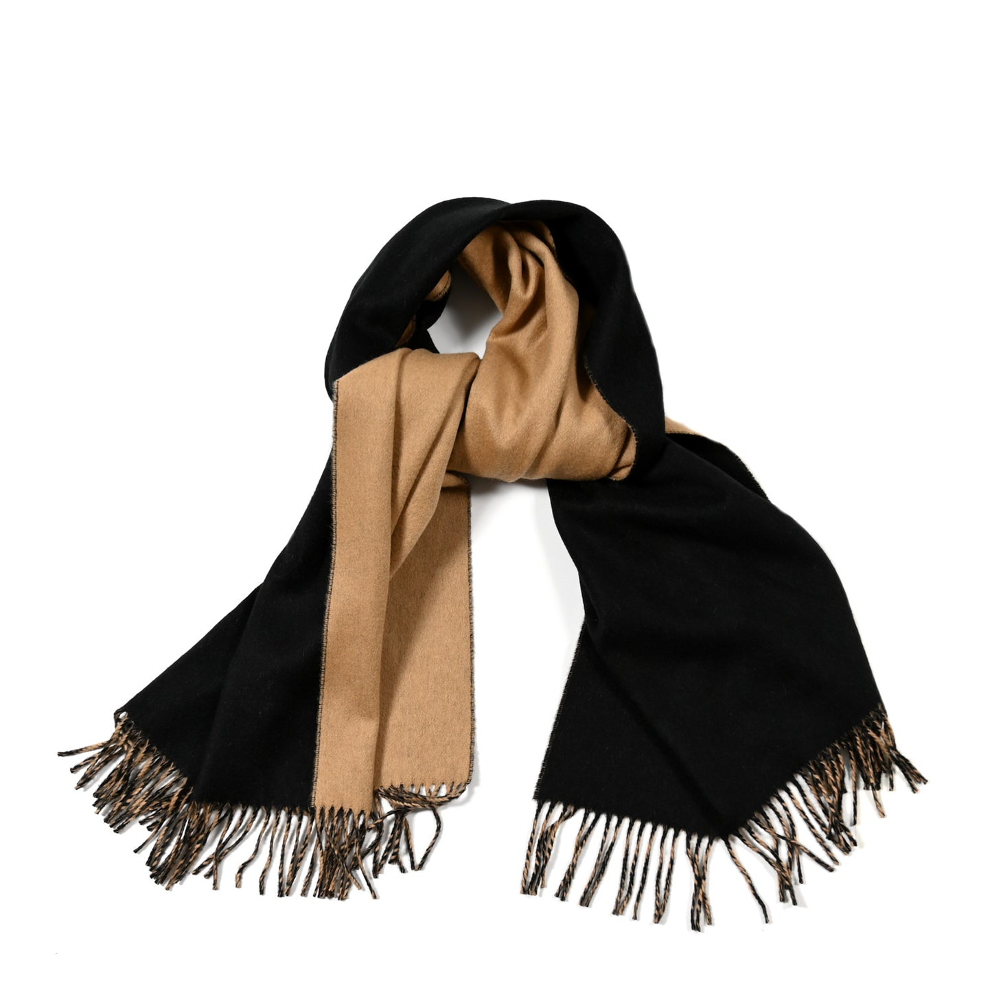 Cashmere Fringe Double Face Stole Black Camel