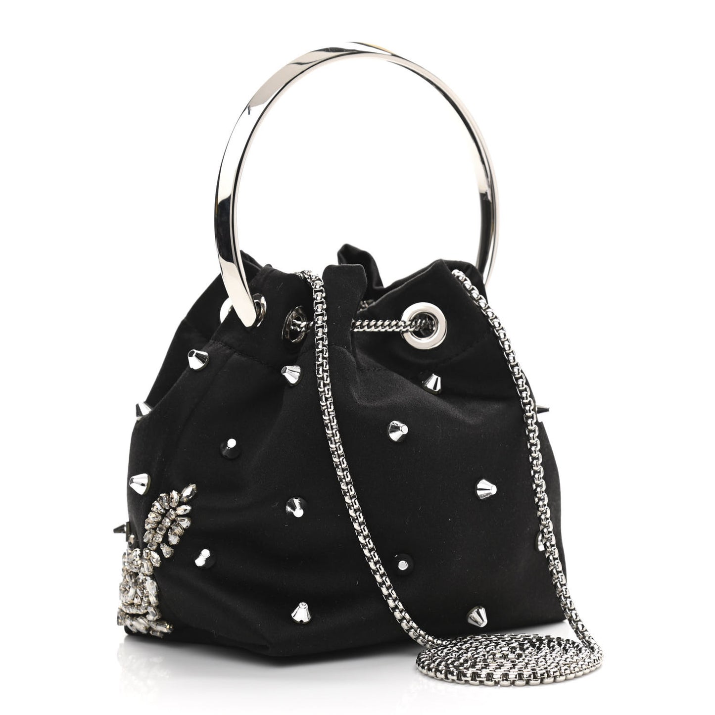 Satin Crystal Embellished Bon Bon Bucket Bag Black