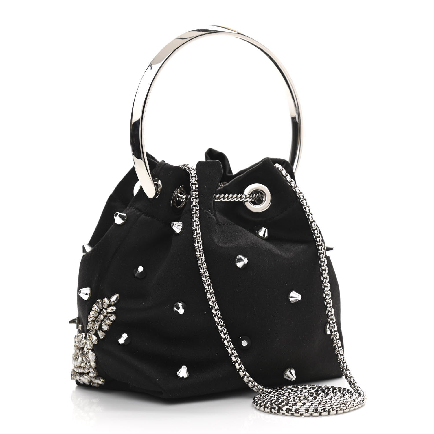 Jimmy Choo Satin Crystal Embellished Bon Bon Bucket Bag Black 3 of 11